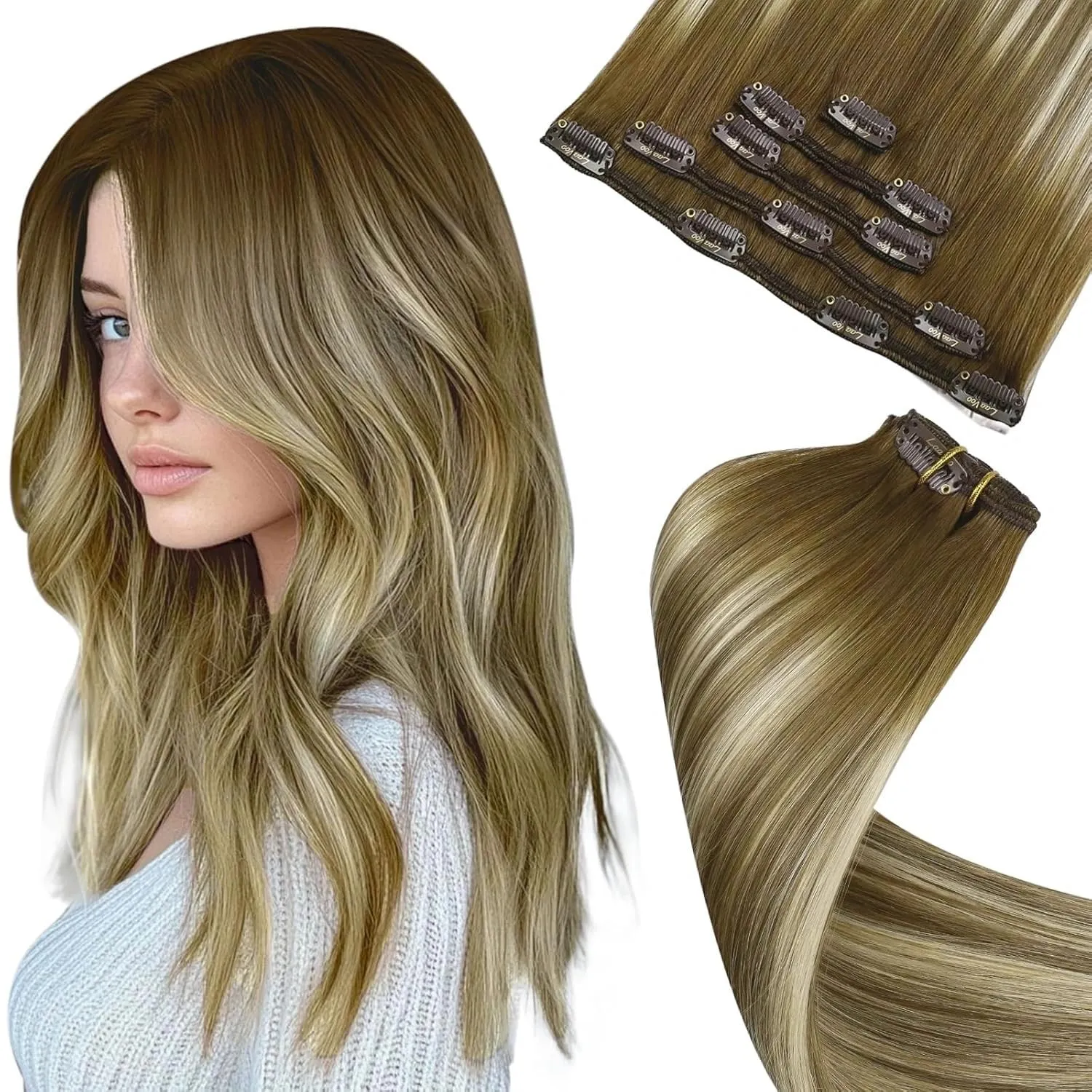 LaaVoo Balayage Extensions Echthaar Clip Braun Blond Clip in Haarverlängerung Echthaar Remy Dunkelbraun Ombre Mittelbru…
