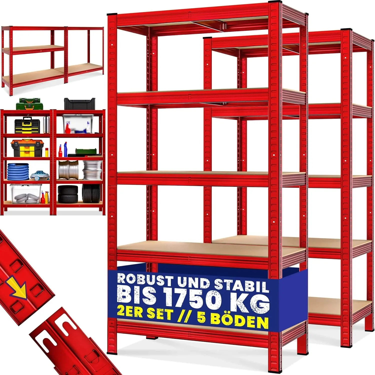 Monzana 2er Set Schwerlastregal 180 x 90 x 40 cm Rot | 1750kg, 10 MDF-Platten, Stahl, Montagematerial, Kellerregal, Lag…