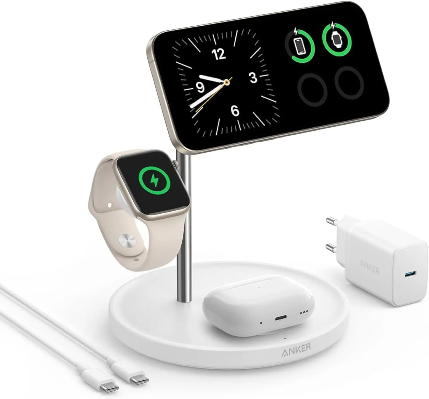 Anker MagGo 3-in-1 Kabellose Ladestation, 15W kabelloser Ladeständer, MagSafe-kompatibel, Qi2-zertifiziert, für iPhone …