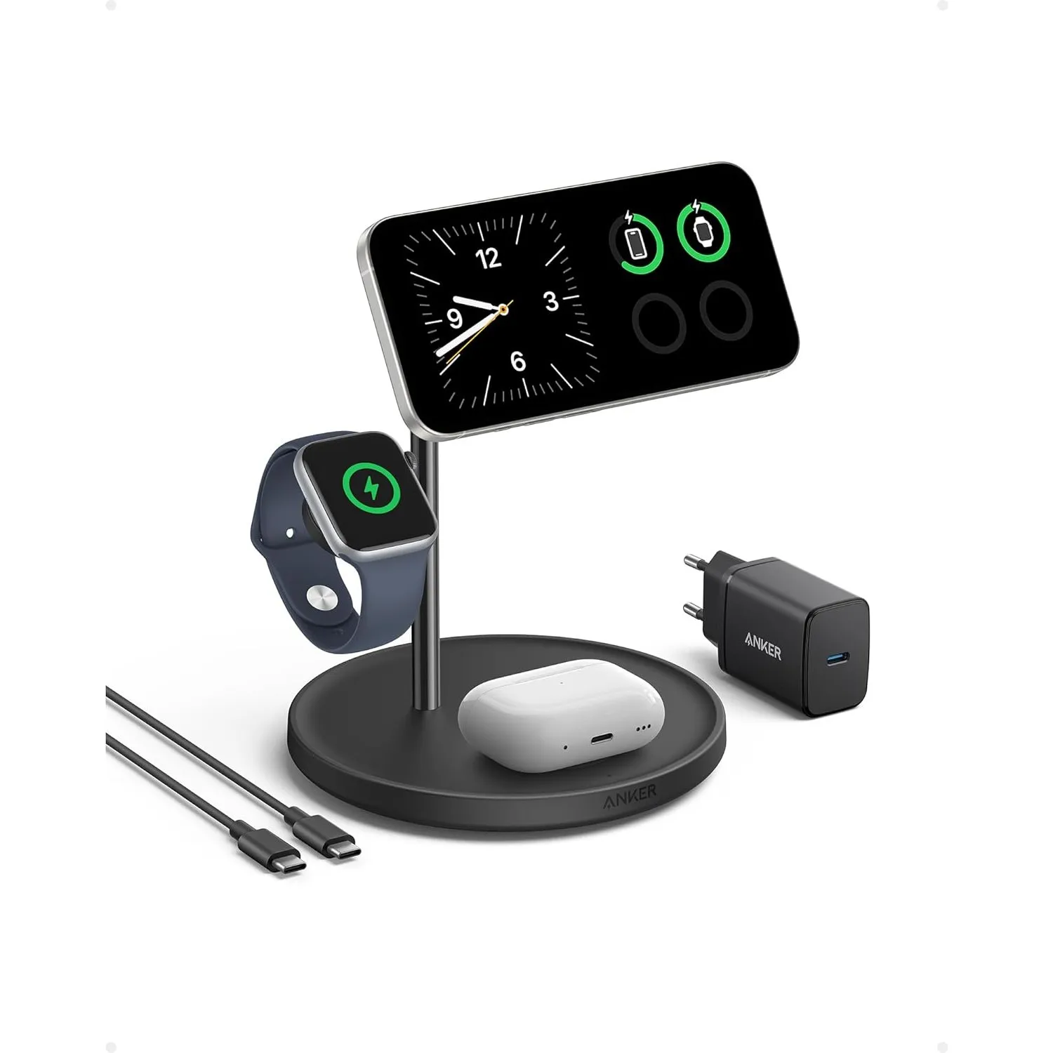 Anker MagGo 3-in-1 Kabellose Ladestation, 15W kabelloser Ladeständer, MagSafe-kompatibel, Qi2-zertifiziert, für iPhone …