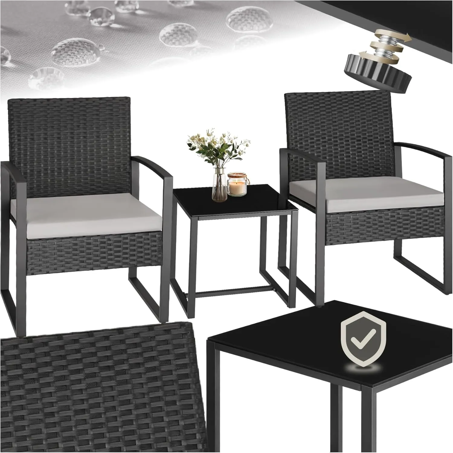 tectake® Rattan Seating Set, 2 x Armchairs with Table, Balcony Furniture Set, Garden Furniture, Balcony Furniture, Loun…