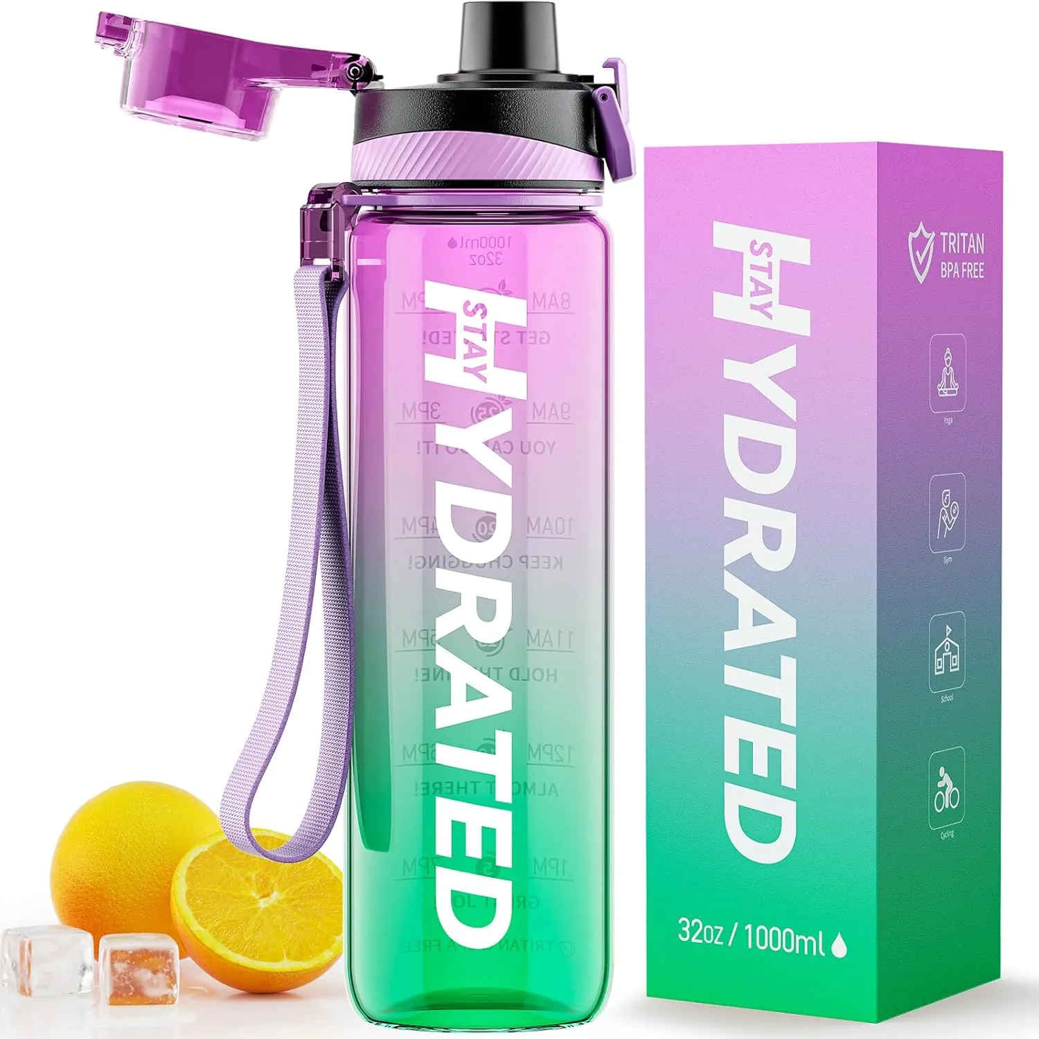Trinkflasche, 1L Wasserflasche Auslaufsicher BPA-Frei aus Tritan, 1 Liter Trinkflasche Sport mit Zeitmarkierung und Abnehmbare Schnürung, Flasche für Fitnessstudio, Oudoor, Gym, Schule