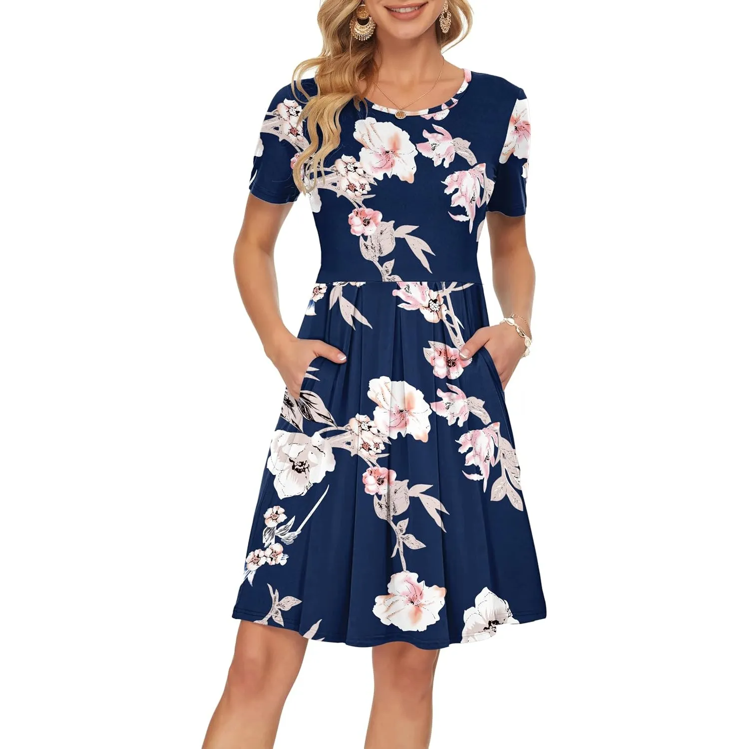 AUSELILY Damen Kurzarm Plissee Loose Swing Freizeitkleid mit knielangen Taschen