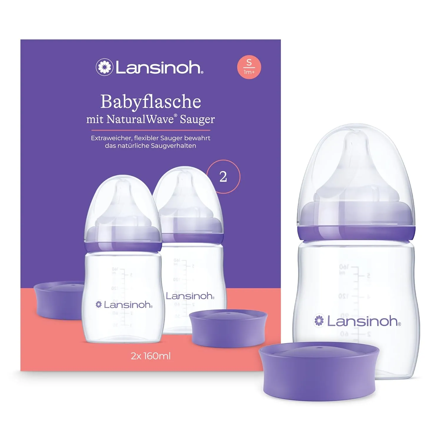 Lansinoh Baby Bottles with NaturalWave Teat Size S, 160 ml - Twin Pack - Compact Design for Improved Stability - with S…