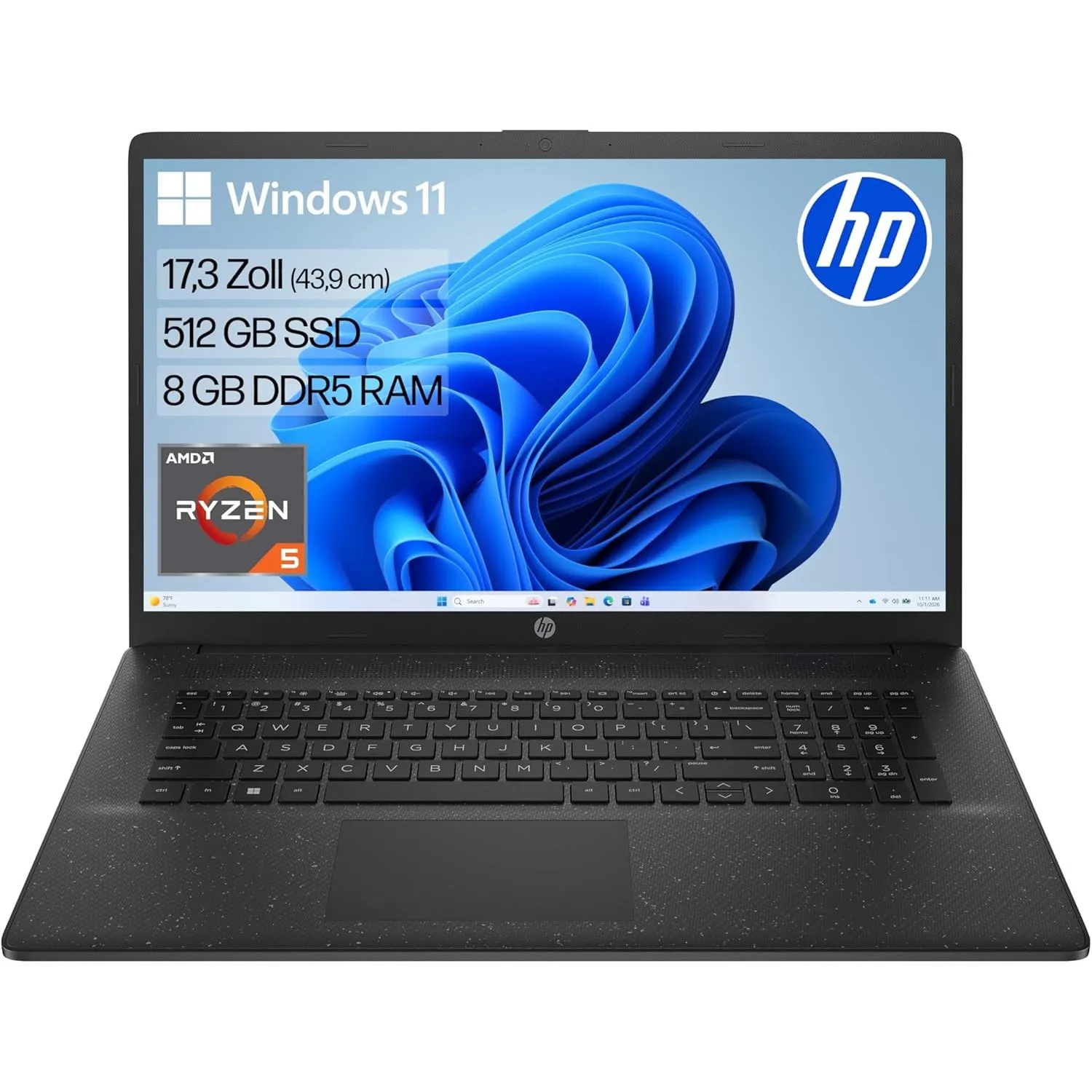 HP Laptop mit 17,3" FHD Display, AMD Ryzen 5 7520U, 8GB DDR5 RAM, 512 GB SSD, AMD Radeon-Grafik, Windows 11, QWERTZ, Sc…