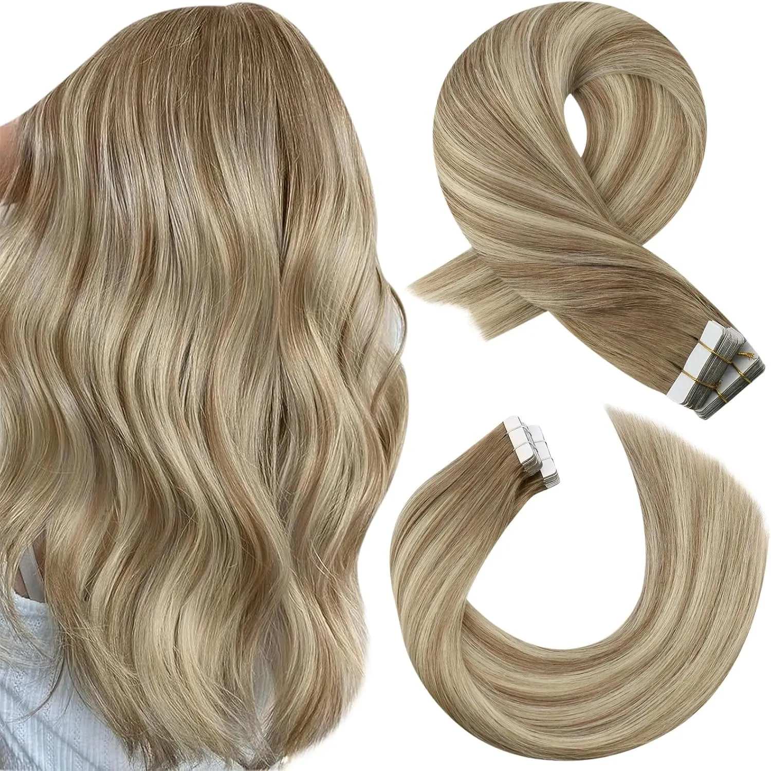 Moresoo Tapes in Extensions Echthaar Mittelbraun Goldblond 40 cm 20pcs 50g