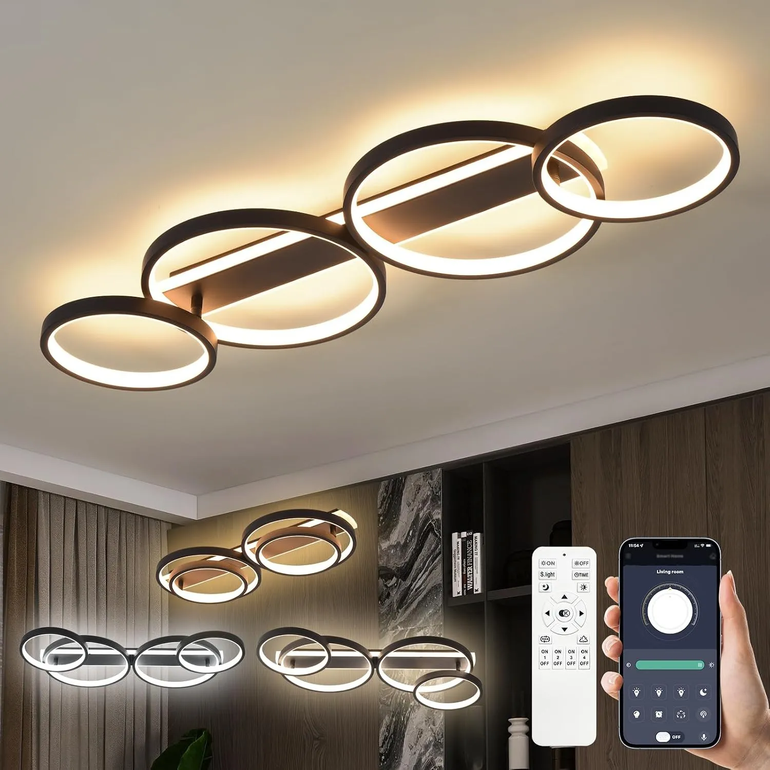 LED Deckenlampe,Dimmbar Deckenleuchte Mit Fernbedienung APP 48W Schwarz86cm