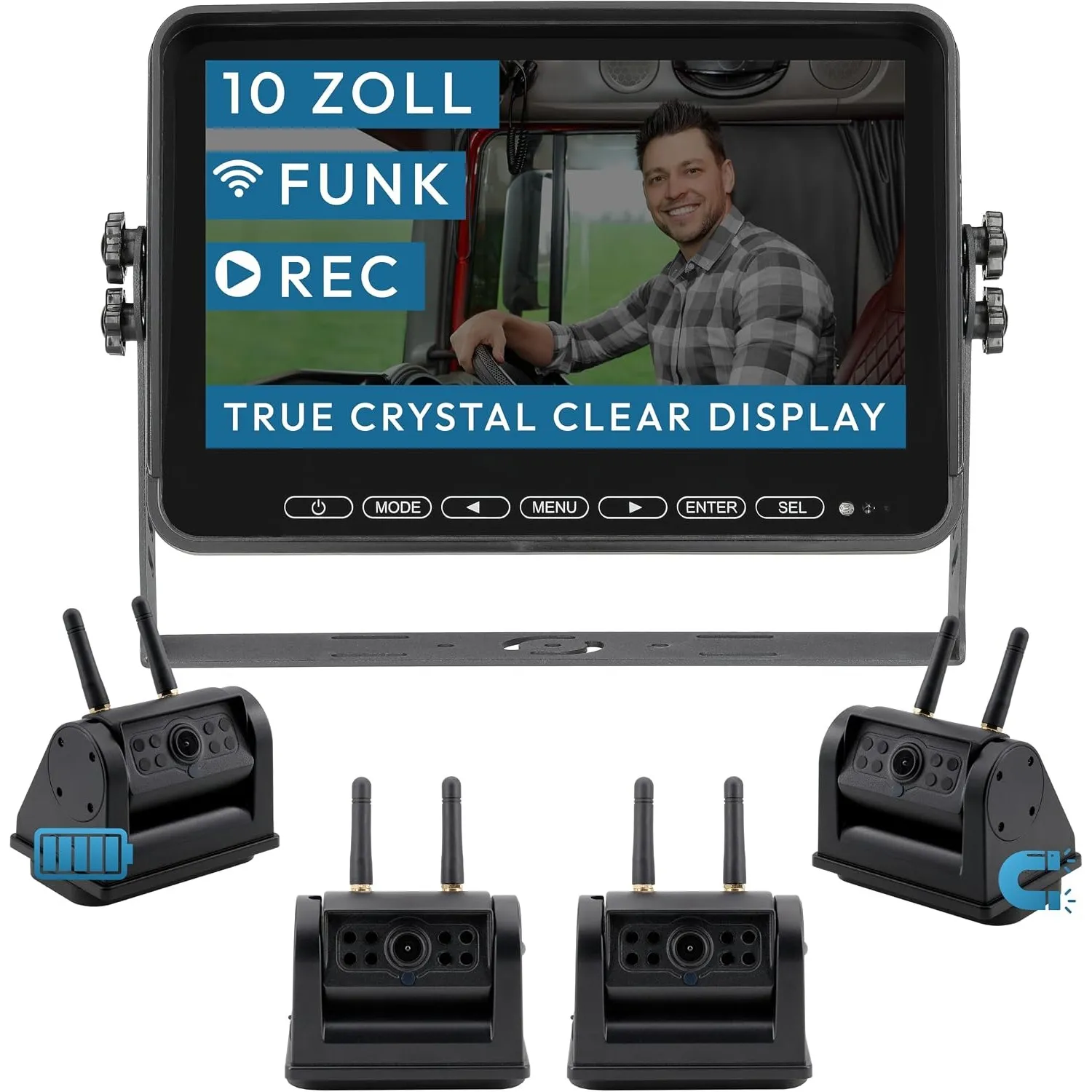 VSG24 Element HD XL Funk Rückfahrkamera Set – 10 Zoll HD Monitor – 4 wetterfeste IP68 Akku-Magnetkameras – Multiscreen …