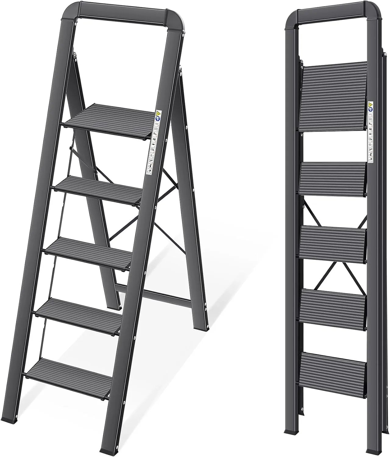 KINGRACK Stufenleiter, 5 Stufen, klappbare Stufenleiter mit Handlauf, rutschfeste Haushaltsleiter mit Klappsicherung, A…