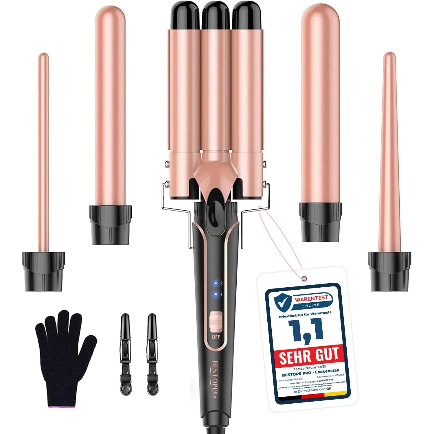 BESTOPE PRO Lockenstab Lockenstäbe 3 Fässer Welleneisen 5 in 1– Lockenstab Set 3 Fässer für großer Wellen, Temperaturei…