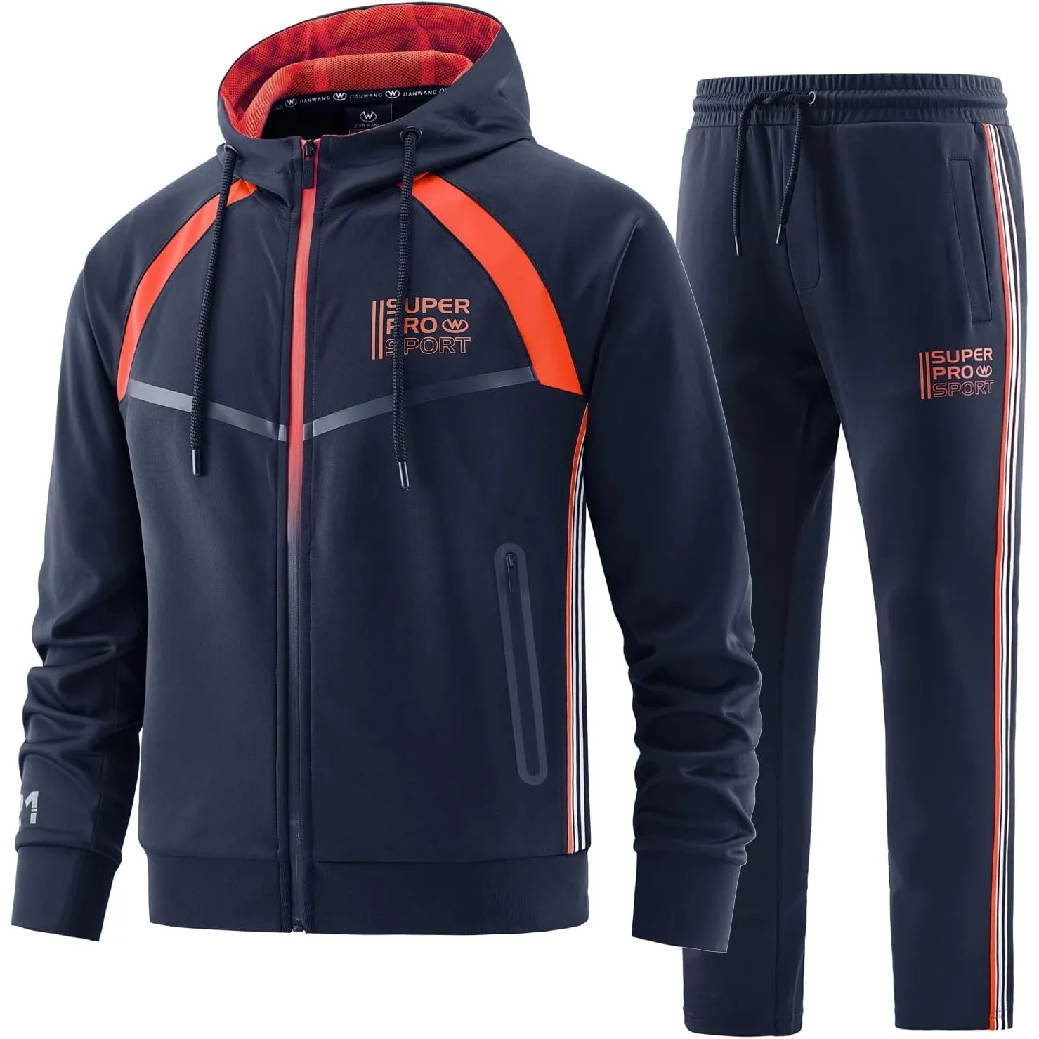 W JIANWANG Herren Trainingsanzug und Jogginganzug - Sportanzug für Männer mit Langarm Reißverschluss, Fitness Sporthose