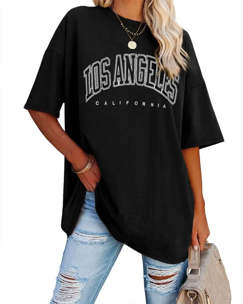 Ebifin Women’s Oversized T-Shirt, Vintage Short-Sleeved Crew Neck Los Angeles Top, Casual, Loose, Basic Summer Tee