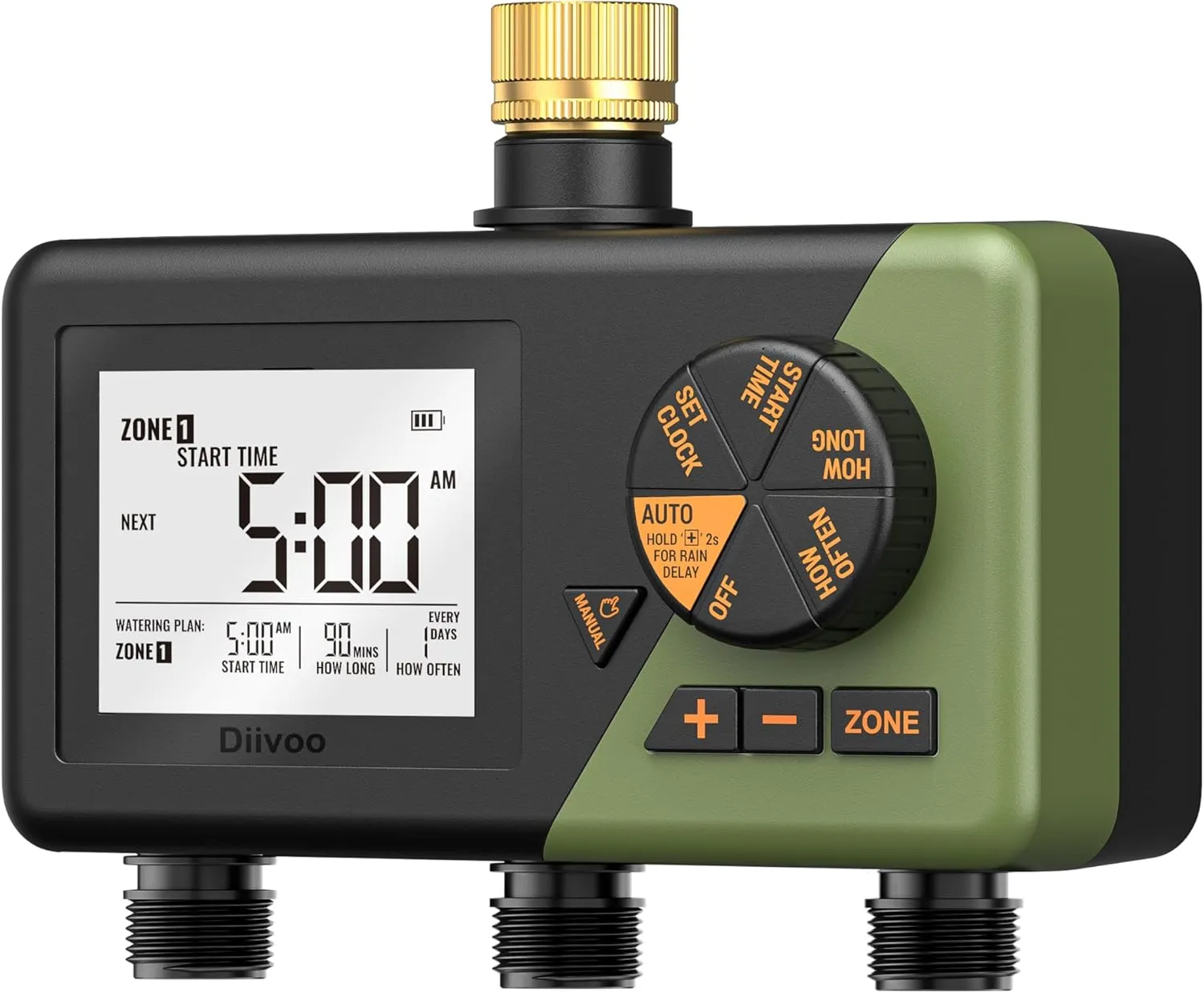 Diivoo Irrigation Computer with 3 Outputs, Brass Connectors, Large LCD Display & Rain Delay, Automatic and Manual Water…