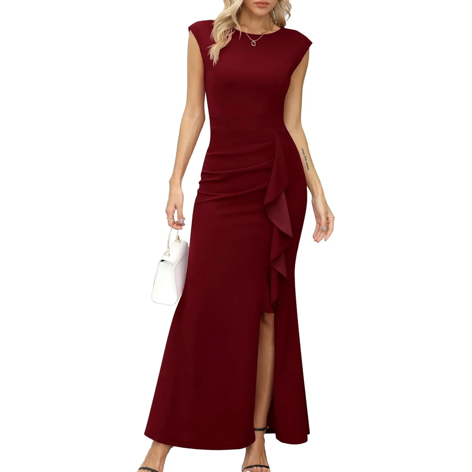 Missufe Damen Ballkleid Maxi Abendkleider Flügelärmel Cocktail Rüsche Schlitz Meerjungfrau Bodycon Hochzeit Festlich Kl…
