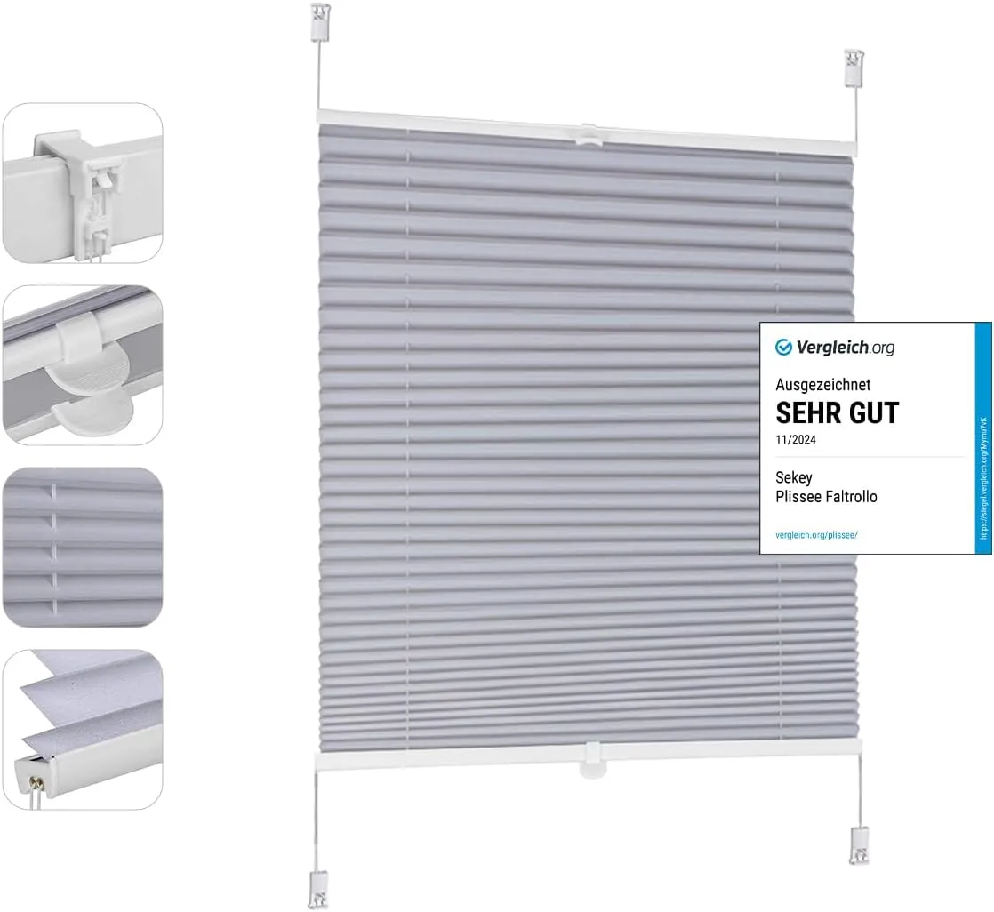 Sekey Pleated Blind, No Drilling Blackout, Window Pleated Blind Klemmfix Blind, 90 cm Wide, Tensioned Opaque Sun Protec…