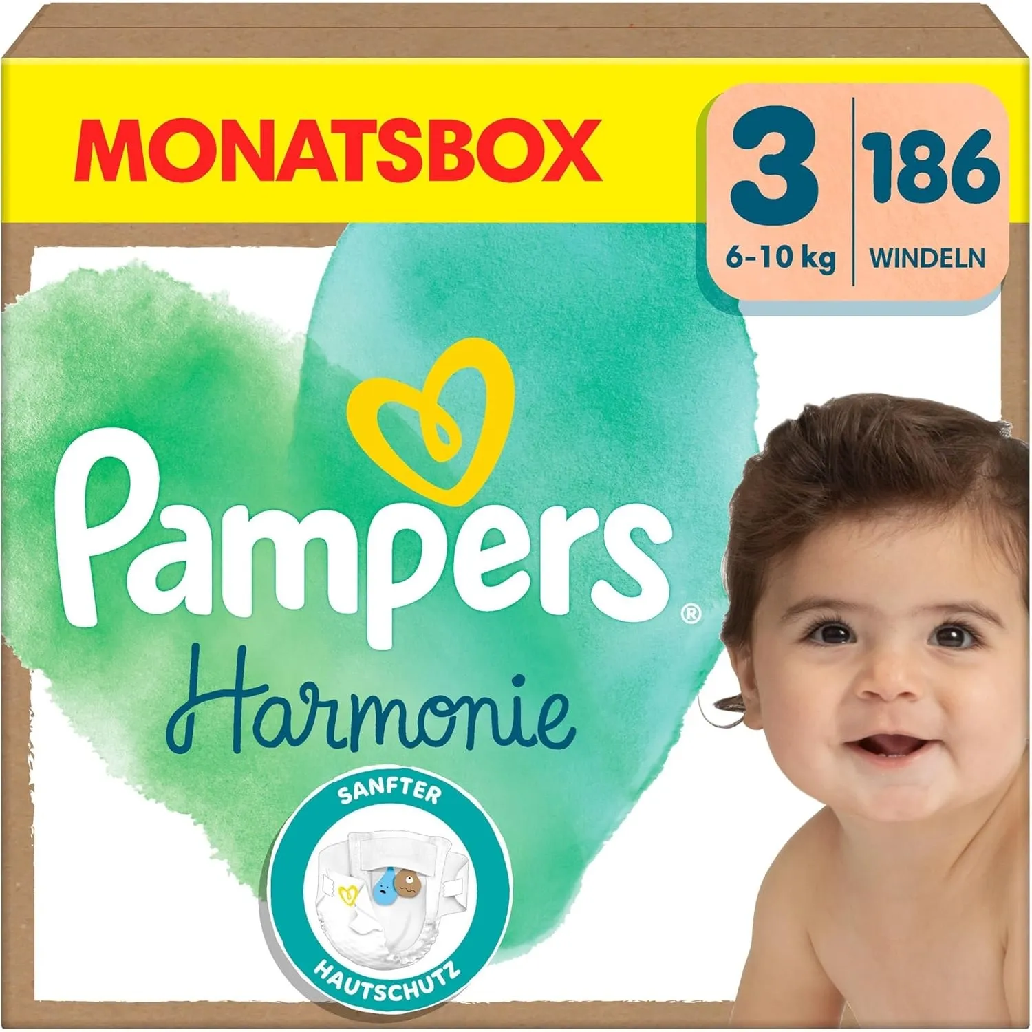 Pampers Harmonie Windeln Größe 3, 186 Windeln, 6kg-10kg, sanfter Hautschutz mit 100Prozent Pampers Schutz