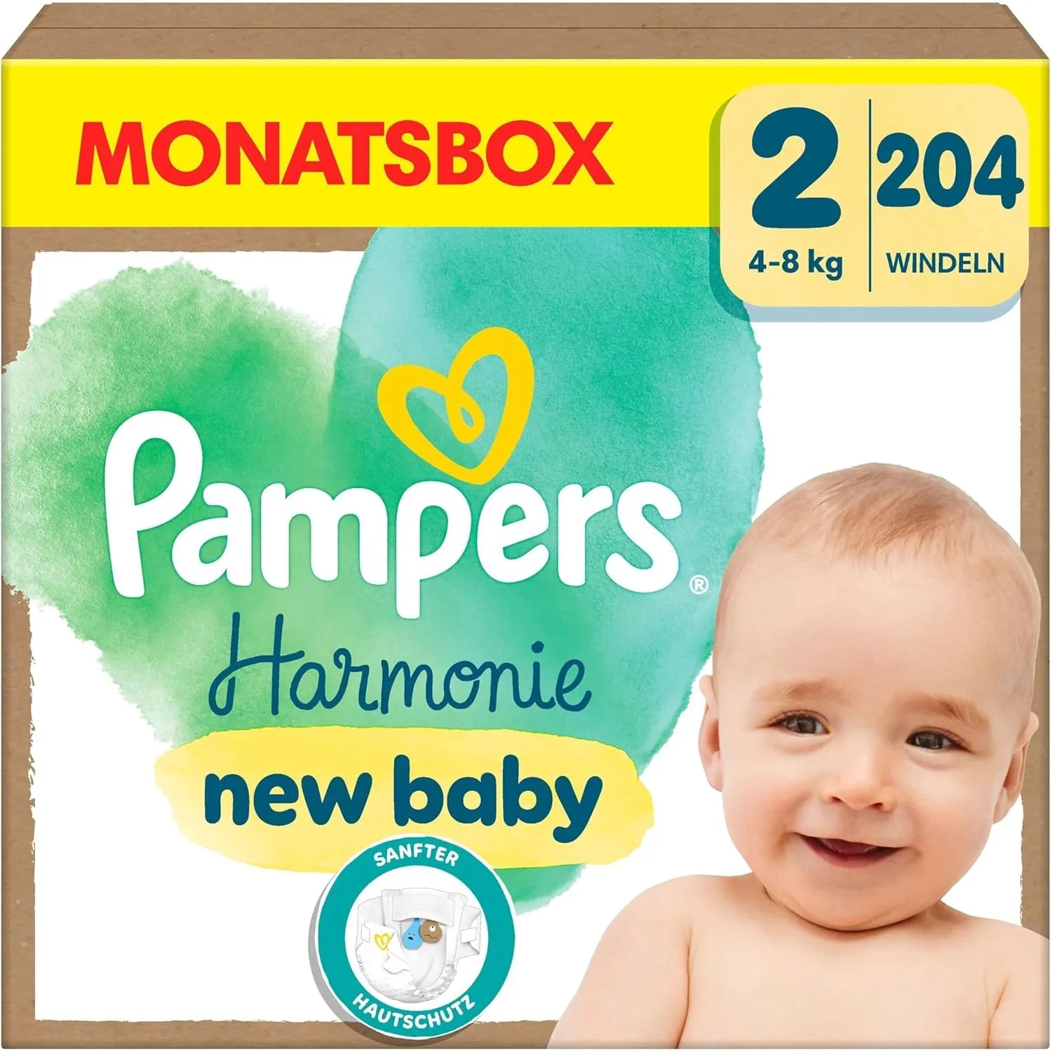 Pampers Harmonie Windeln Größe 2, 204 Windeln, 4kg-8kg, sanfter Hautschutz mit 100Prozent Pampers Schutz