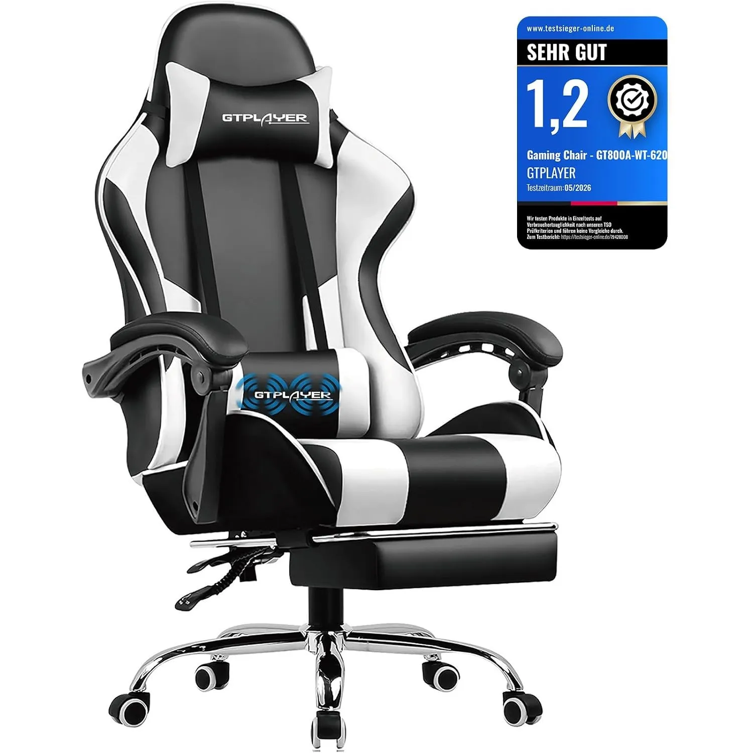 GTPLAYER Gaming Stuhl Bürostuhl Massage Gaming Sessel Ergonomischer Gamer Stuhl mit Fußstütze, Massage-Lendenkissen, Ge…