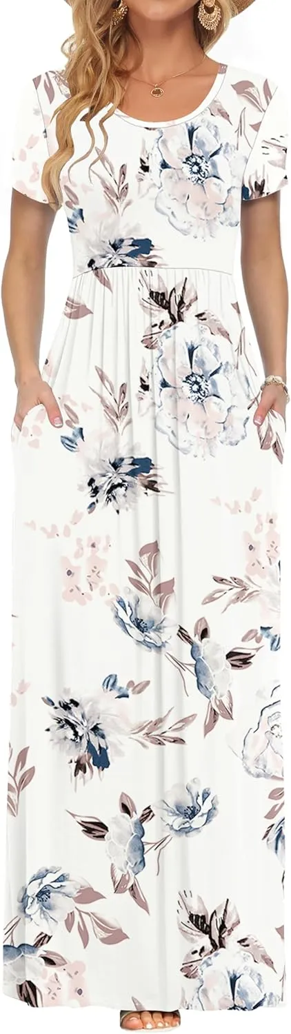 Auselily Women's Short-Sleeved, Loose Casual Long Maxi Dresses with Pockets