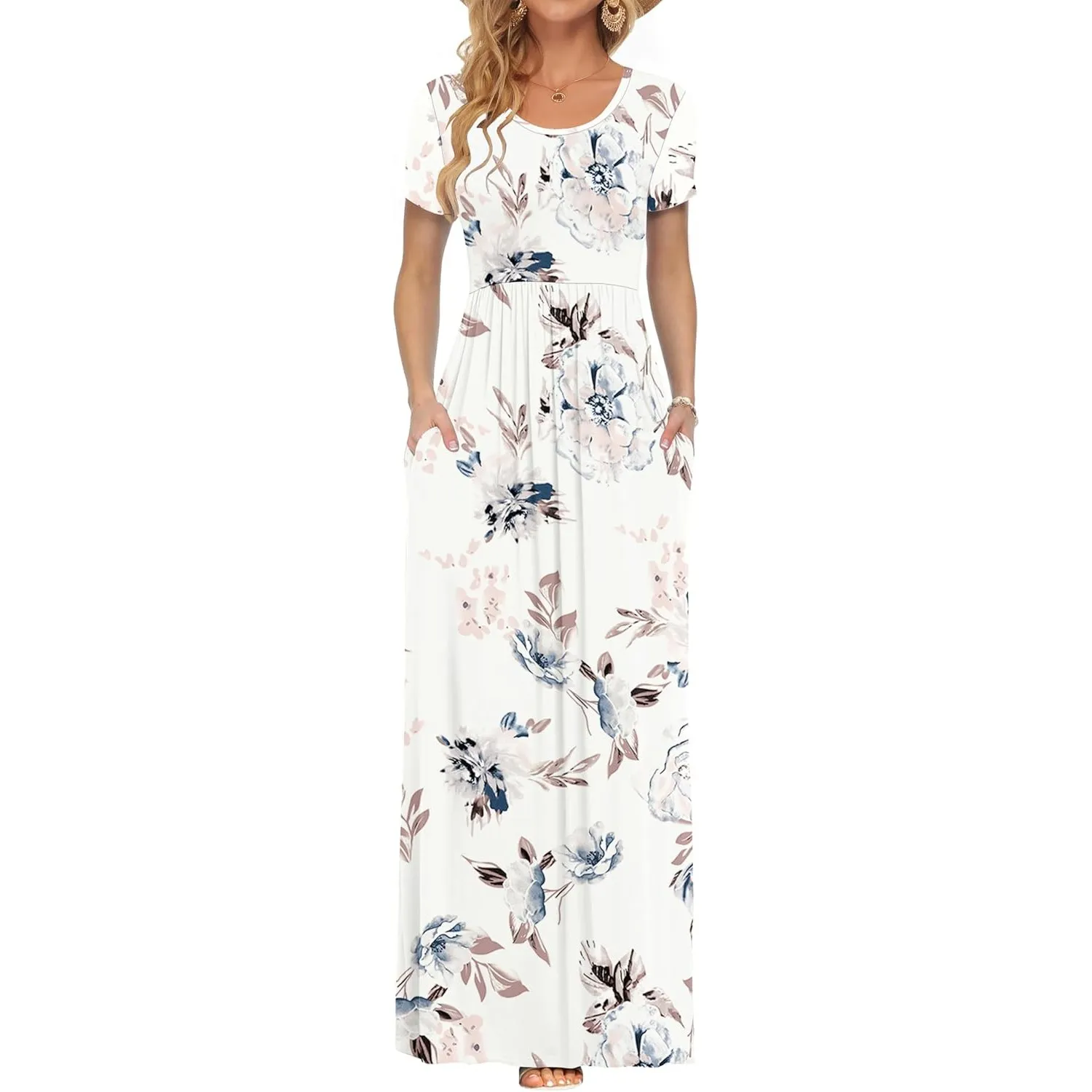 AUSELILY Damen Kurzarm Sommer Casual Long Maxi Kleider mit Taschen | Ganzjähriges Tragen, solider Blumendruck, Freizeit…