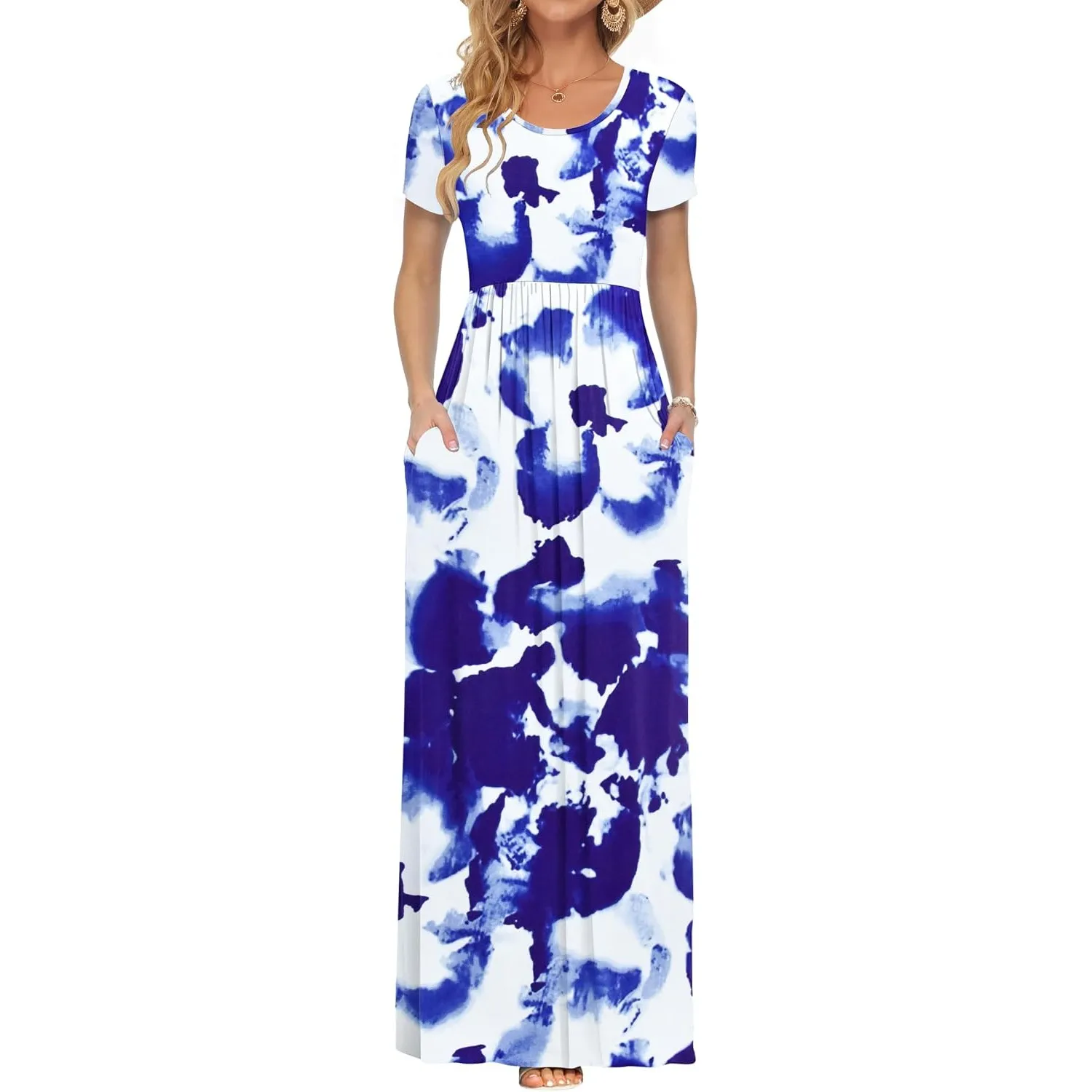 AUSELILY Damen Kurzarm Sommer Casual Long Maxi Kleider mit Taschen | Ganzjähriges Tragen, solider Blumendruck, Freizeit…