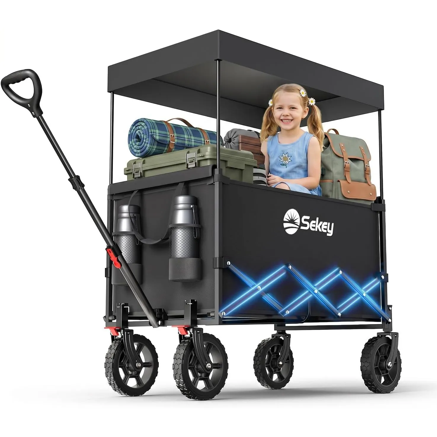 Sekey XXL Bollerwagen Faltbar Kinder 150L 150KG, Faltbarer Bollerwagen mit Dach Klappbarer Handwagen mit Sonnenschutz f…