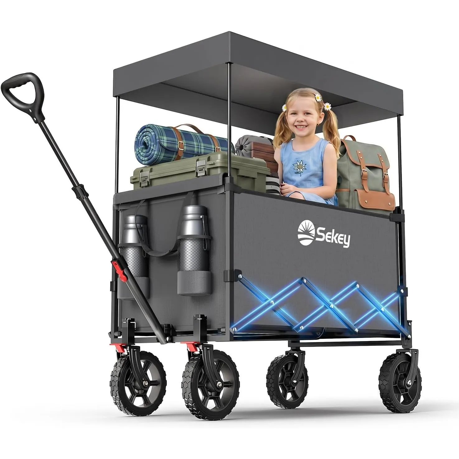 Sekey XXL Bollerwagen Faltbar Kinder 150L 150KG, Faltbarer Bollerwagen mit Dach Klappbarer Handwagen mit Sonnenschutz f…