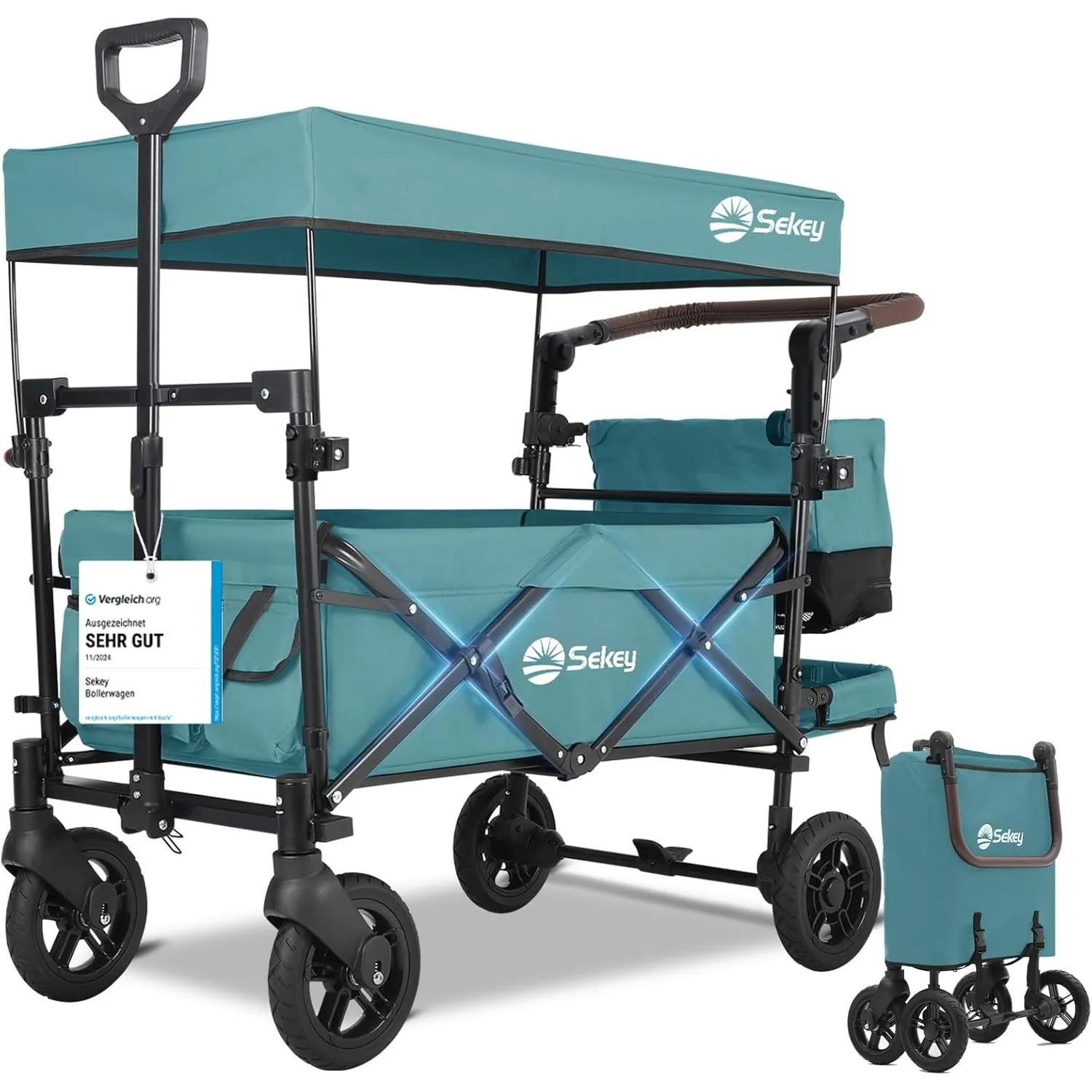 Sekey Bollerwagen Faltbar mit Dach SS5050, Kinderwagen für 1-2 Kinder
