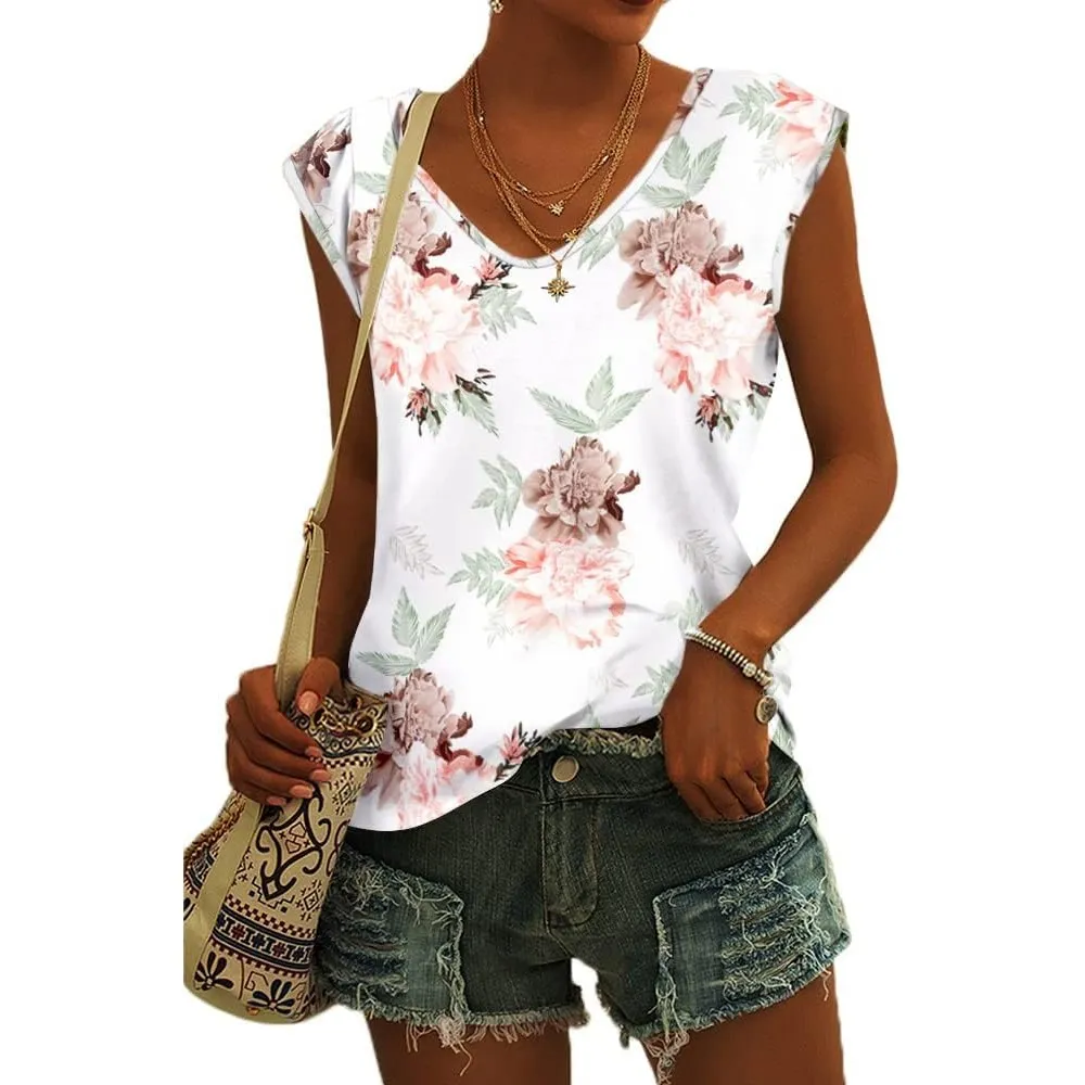 GeGekoko Damen T-Shirt Kurzarm V-Ausschnitt Flügelärmeln Oberteile Blusen Sommer Casual Lose Tank Top Basic Mädchen Tops