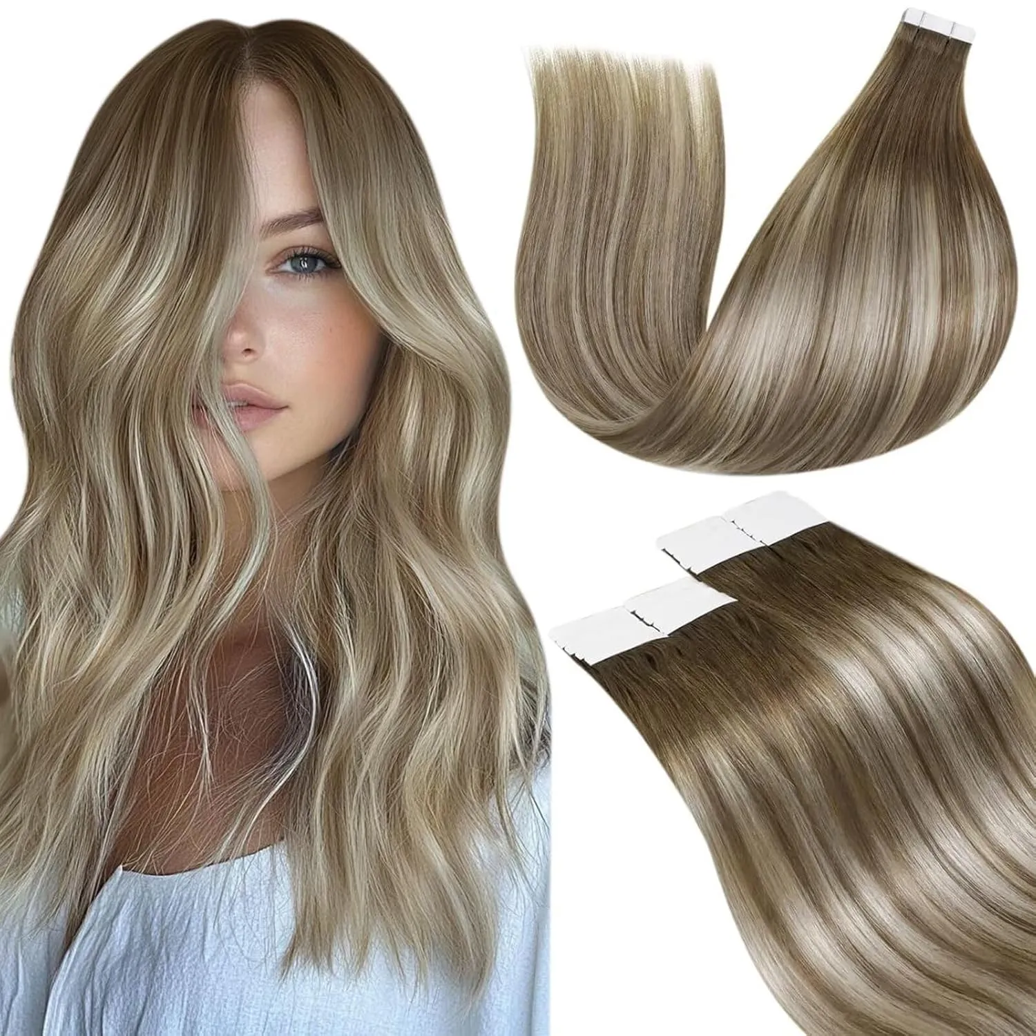 LaaVoo Haarverlängerung, Echthaar, selbstklebend, Hellbraun, Weiß, 20 Stück, Extensions, Echthaar, selbstklebend, Hellb…