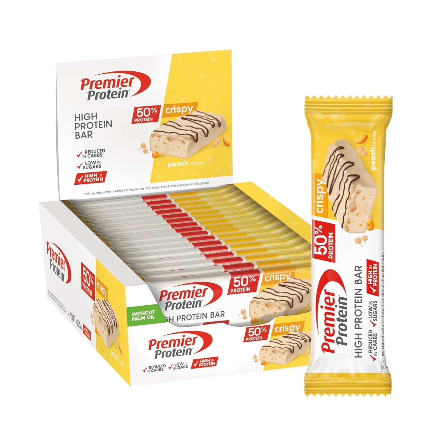 Premier Protein - High Protein Bar 50% + Crispy - Peach - 16 x 40 g - Low Sugar - - bez oleju palmowego