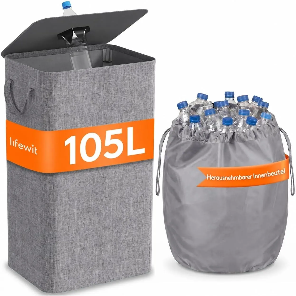 Lifewit 105L Pfandflaschen Sammelbehälter mit Deckel, Grau