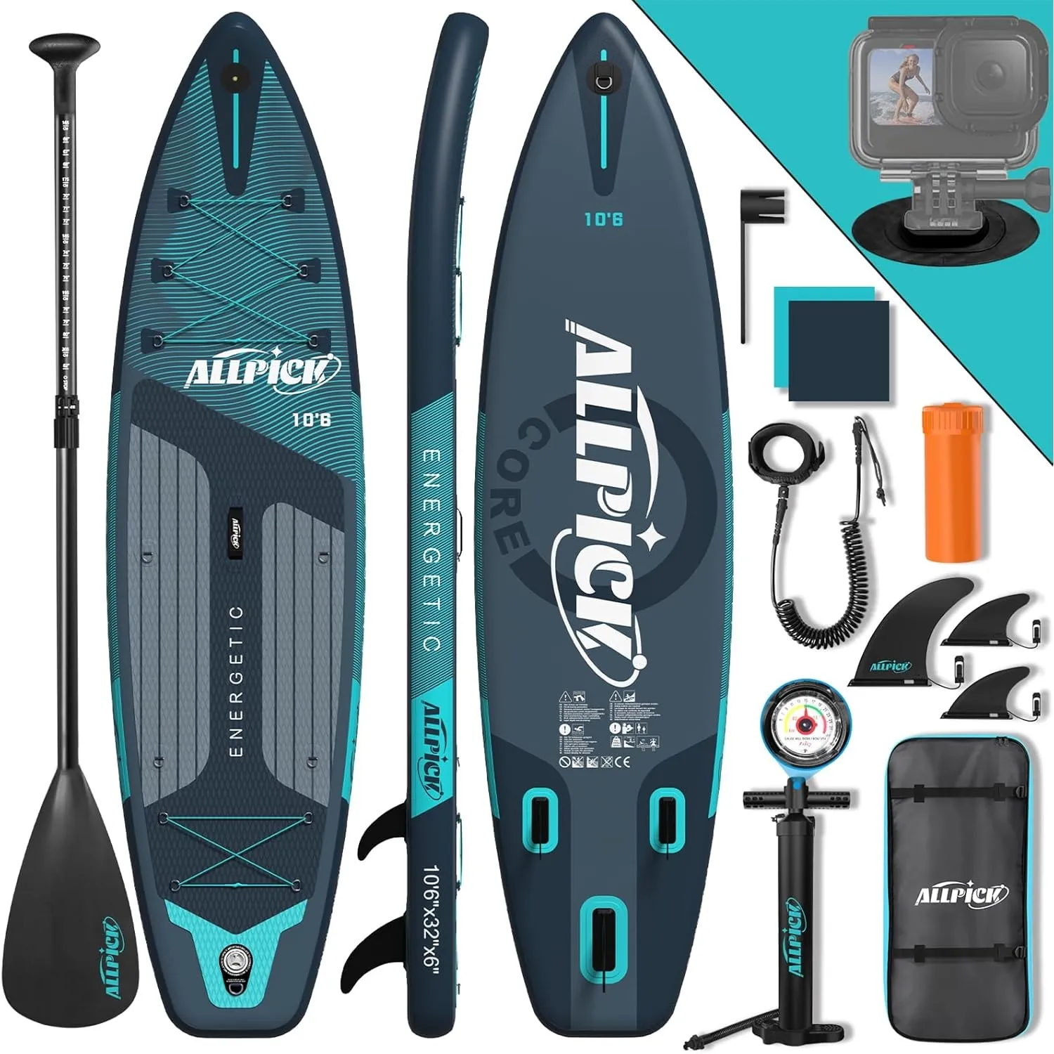 ALLPICK Premium SUP Board Set, Stand Up Paddling Board Aufblasbar, Mit Universal Kamerahalterung, Komplettes Zubehör, V…