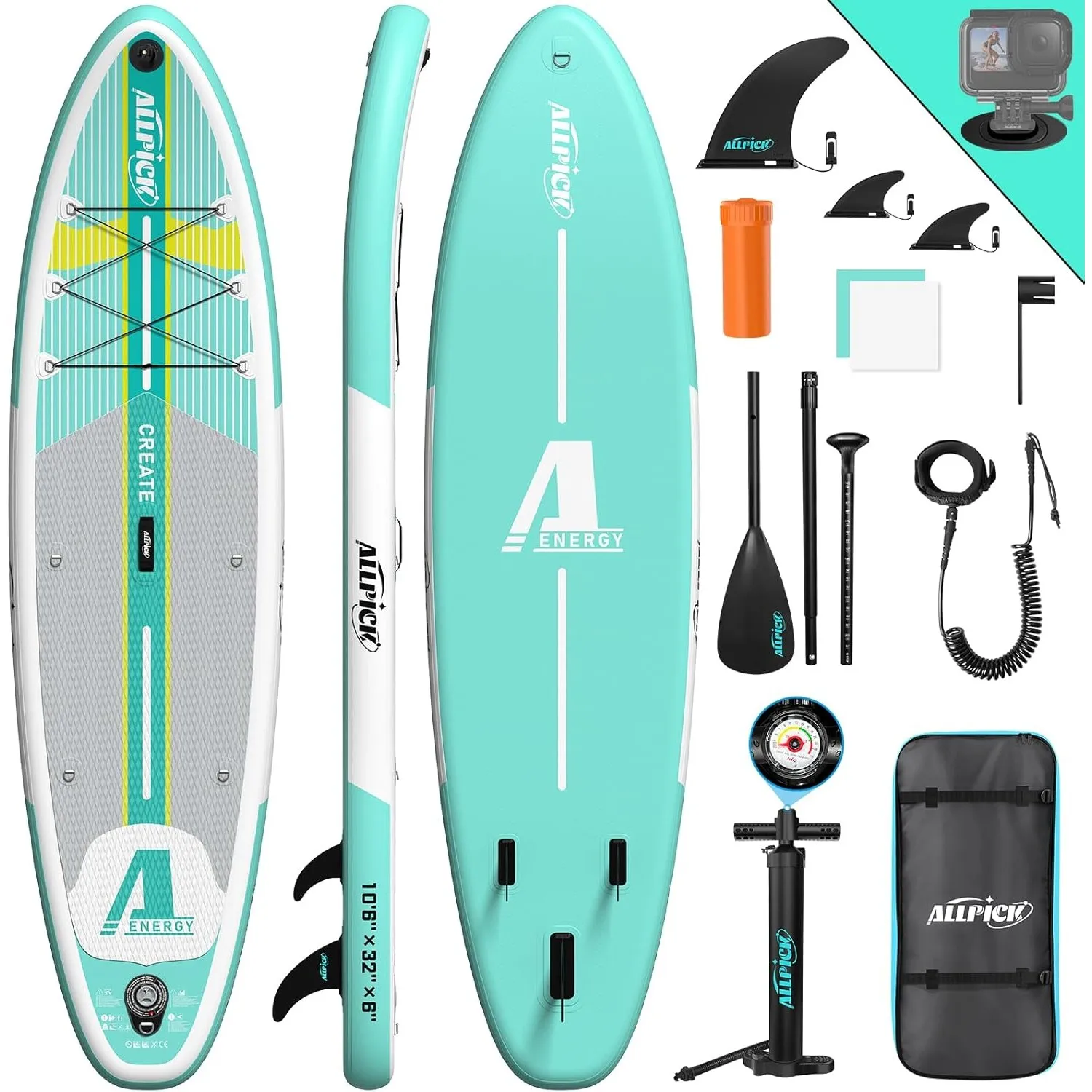 ALLPICK Premium SUP Board Set, Stand Up Paddling Board Aufblasbar, Mit Universal Kamerahalterung, Komplettes Zubehör, V…