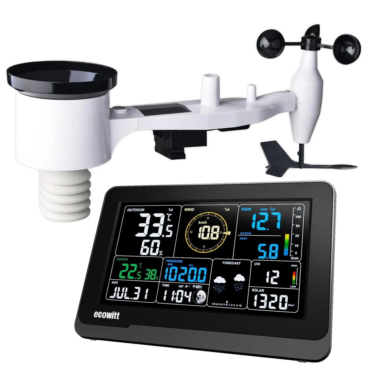 ECOWITT Wetterstation Funk mit Außensensor WS3900, 7 in 1 Wetterstation Außen Sensor Einheiten WS69, 7.5 Zoll 3 in 1 Se…