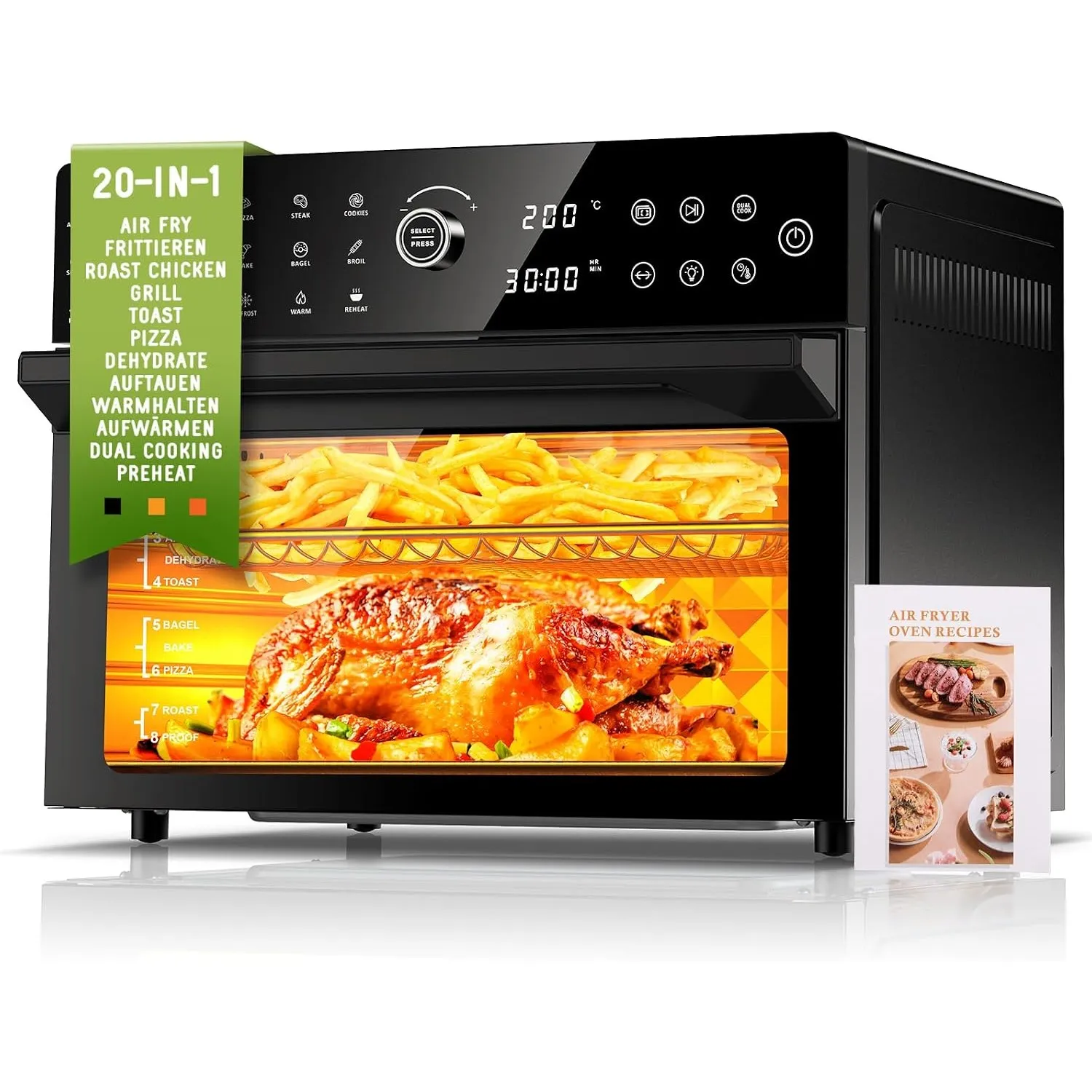 30L Heißluftfritteuse XXL Minibackofen mit LED-Touchscreen, Minibackofen mit Umluft mit 20 Programmen und Zwei Kochmodi…