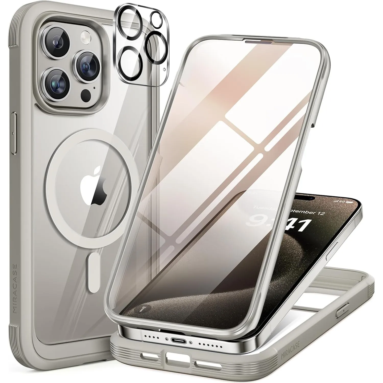 Miracase 360° Schutz Hülle für iPhone 15 Pro, Magsafe, Titan | Eingebaute 9H Panzerglas Schutzfolie | Komplettschutz | …