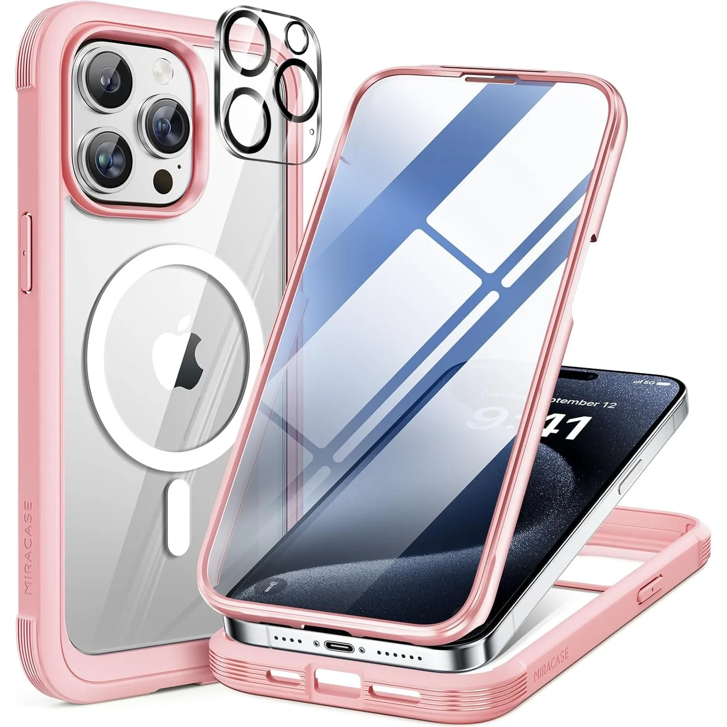 miracase Vollschutzhülle für iPhone 15 Pro, Magsafe, Rosa