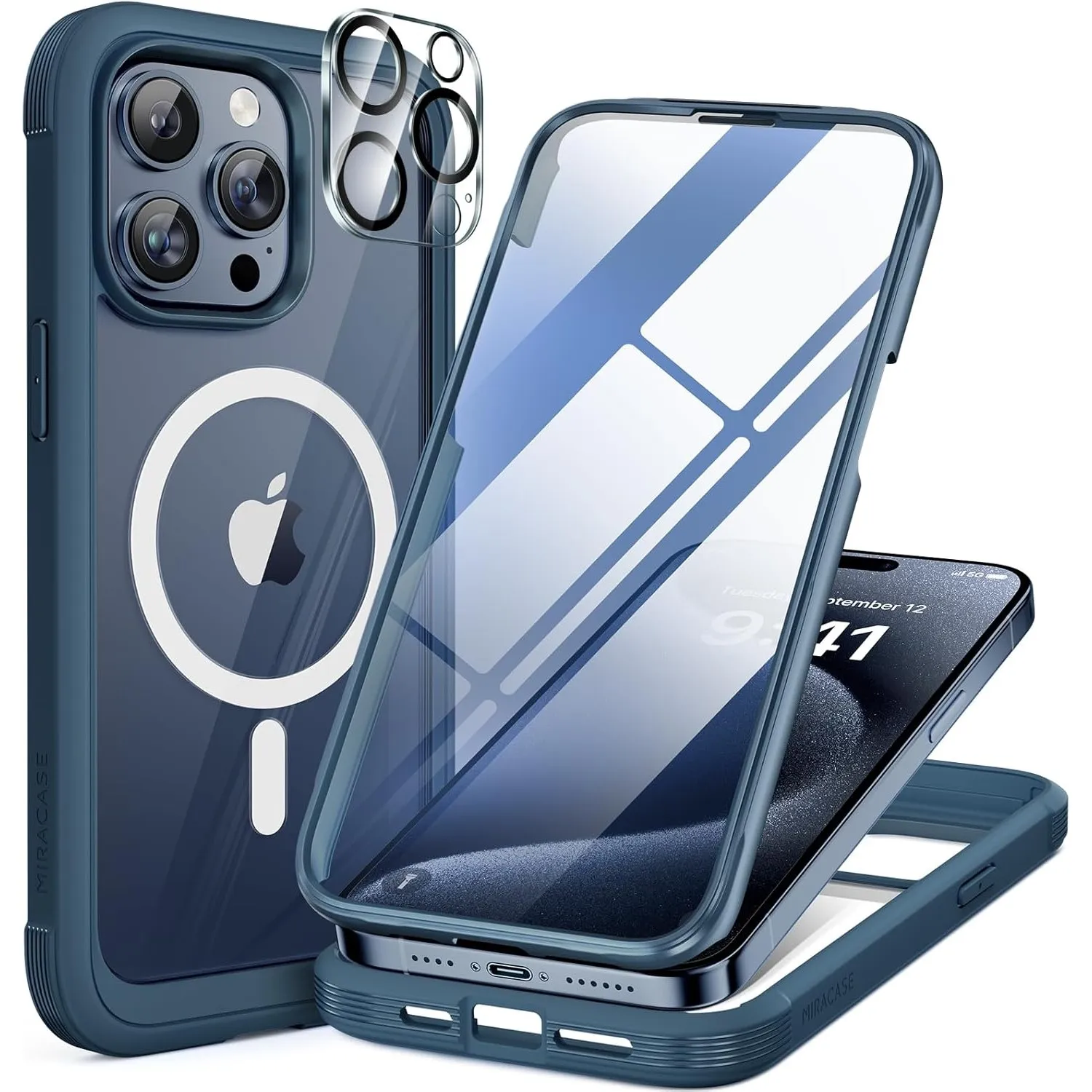 Miracase Vollschutzhülle für iPhone 15 Pro Max, Magsafe, Dark Blau | Eingebaute 9H Panzerglas Schutzfolie | Komplettsch…