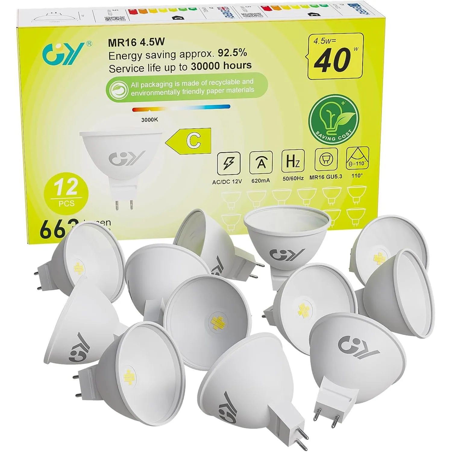 GY GU5.3 LED Warmweiss Lampe, 12V MR16 LED 4,5W 663 Lumen 3000K Warmweiß, 40W lampe ersetzt, AC/DC Flimmerfrei Led, Abs…