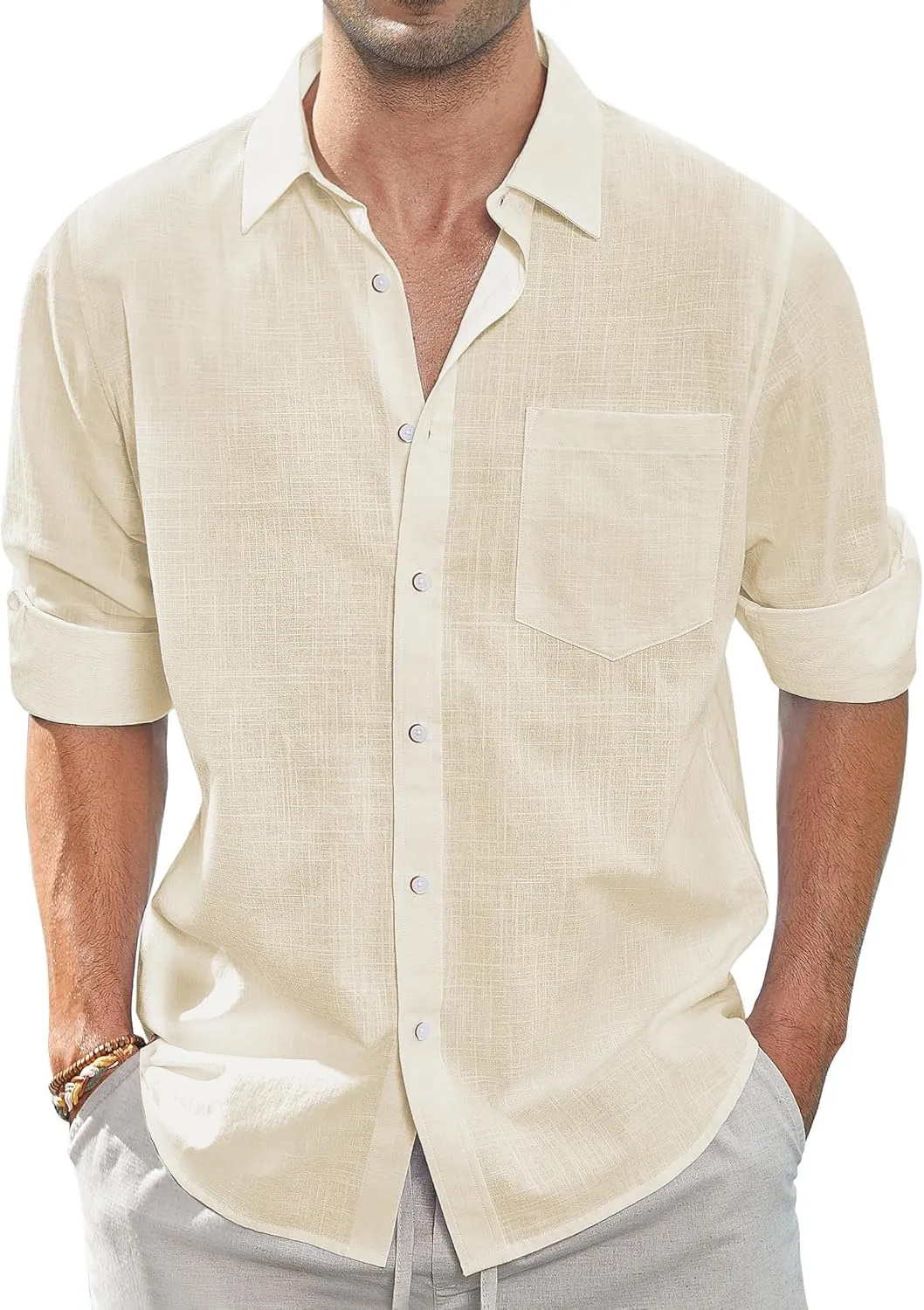 J.VER Linen Shirt Men's Shirt Long Sleeve Shirt Regular Fit Beach Shirt Cotton Business Linen Shirt Summer Casual Shirt…