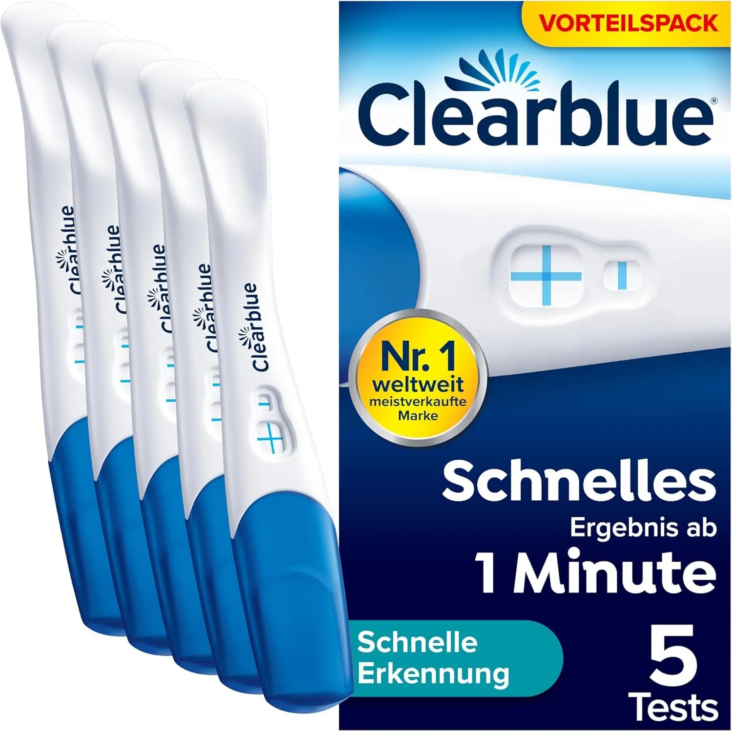 Clearblue Schwangerschaftstest, Schnelle Erkennung, Ergebnis innerhalb von 1 Minute, 5 Tests
