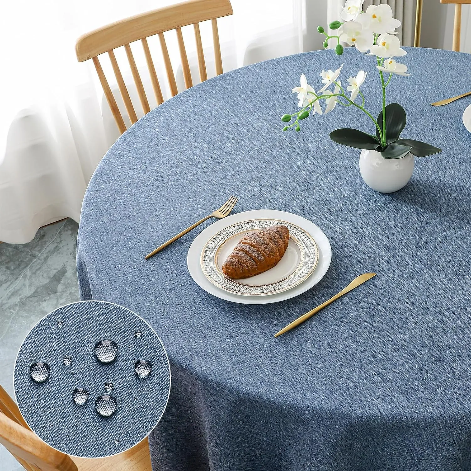 AooHome Tischdecke Rund Φ140cm, Blau Leinen-Optik Tischdecken Abwaschbar Tischtuch aus Polyester Wasserabweisend mit Lo…