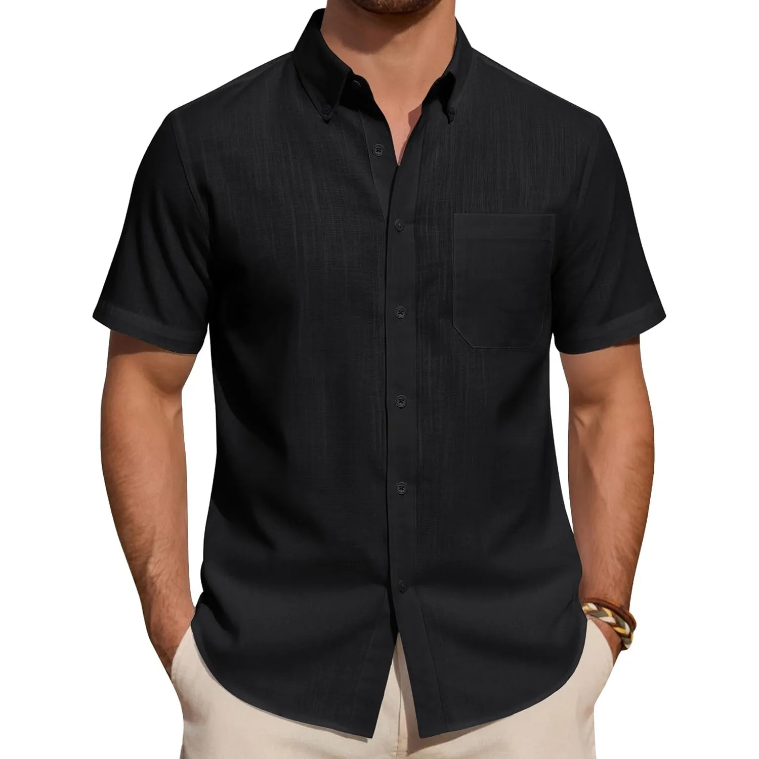 J.VER Leinenhemd Herren Kurzarm Hemd Sommer Freizeithemden Herren Casual Beach Shirts Regular Fit Männer Leinen Hemd Bu…