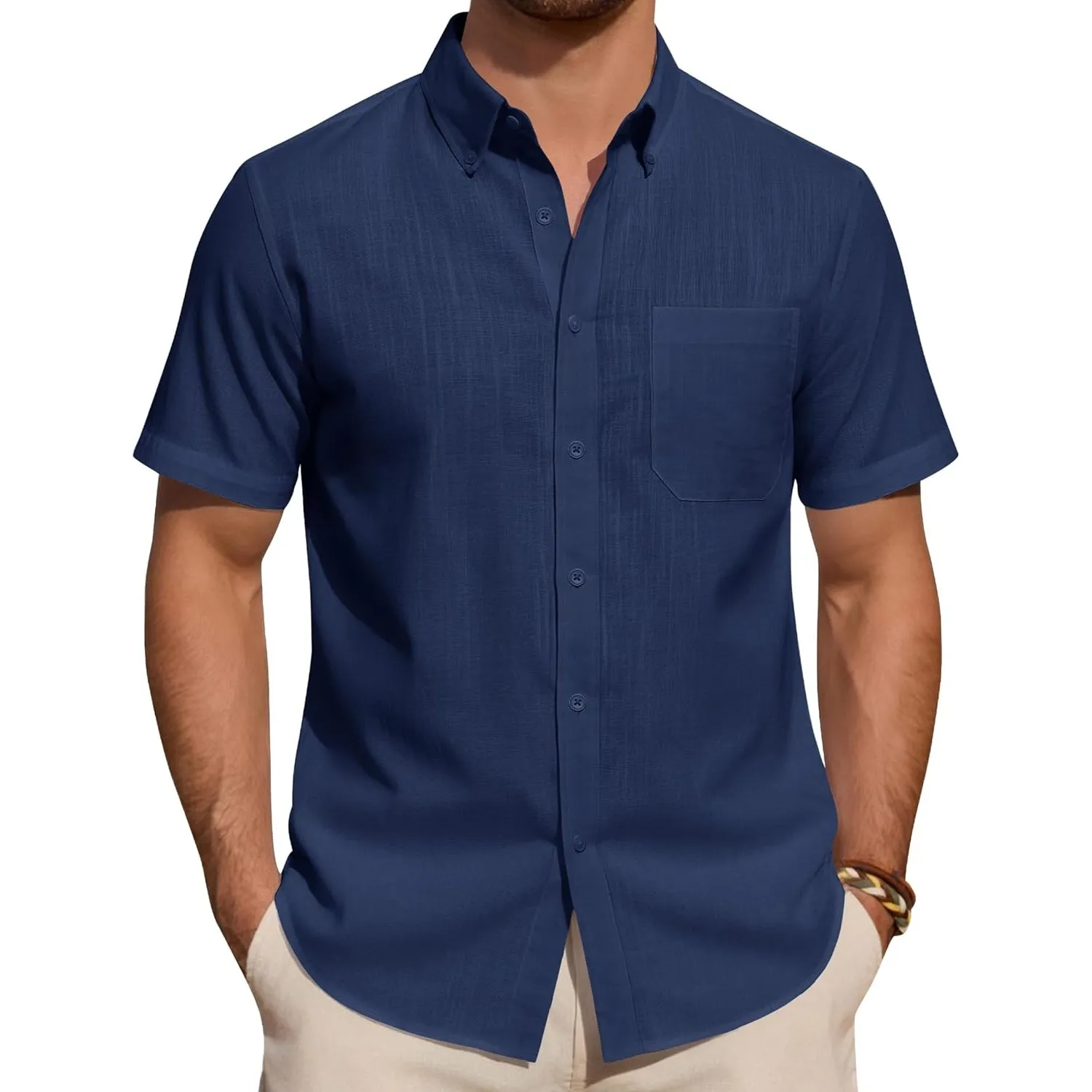 J.VER Leinenhemd Herren Kurzarm Hemd Sommer Freizeithemden Herren Casual Beach Shirts Regular Fit Männer Leinen Hemd Bu…
