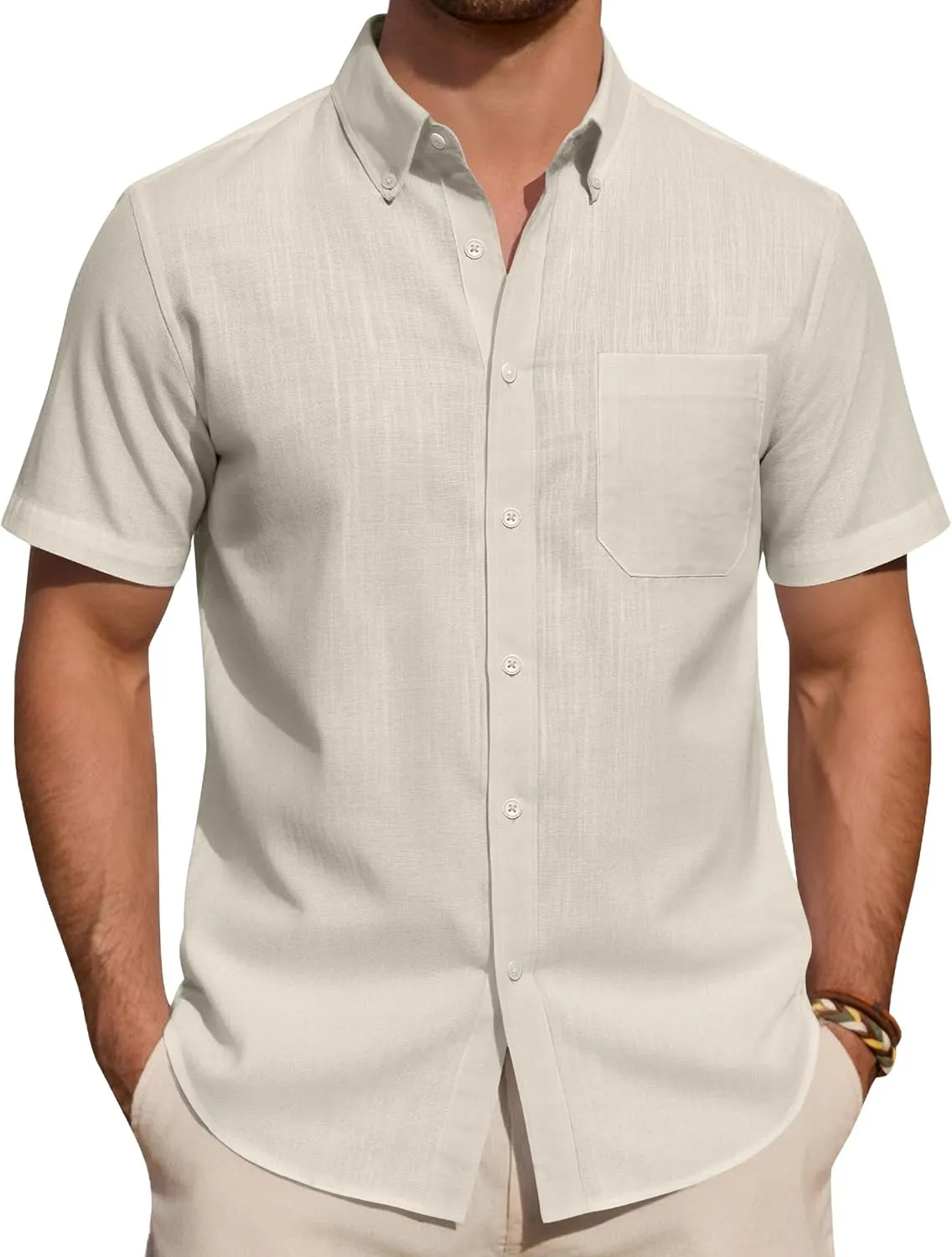J.VER Men's Short Sleeve Linen Shirt, Summer Casual Shirts, Casual Beach Shirts, Regular Fit, Button-Down Basic Shirts,…