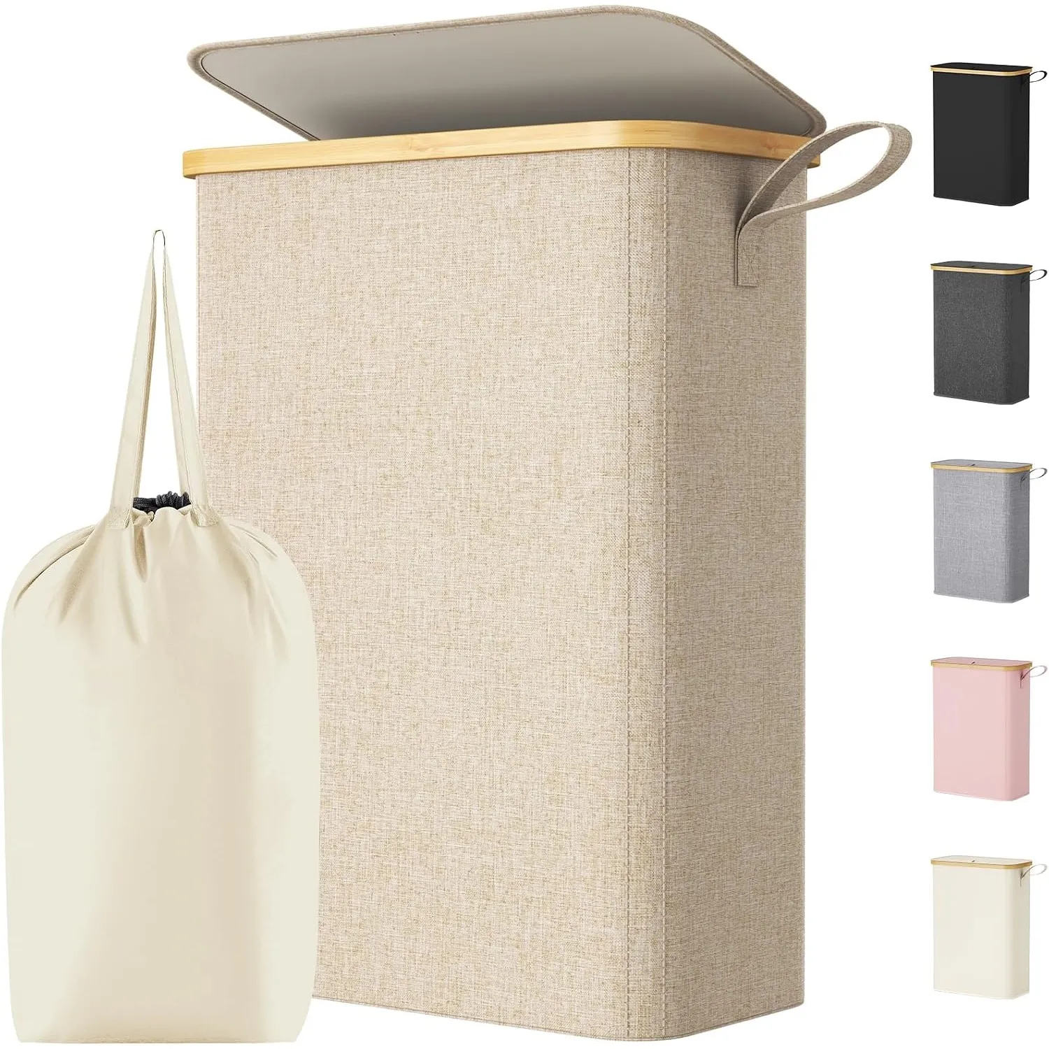 Lifewit 50L Wäschekorb mit Deckel, schmaler Wäschesammler, Beige