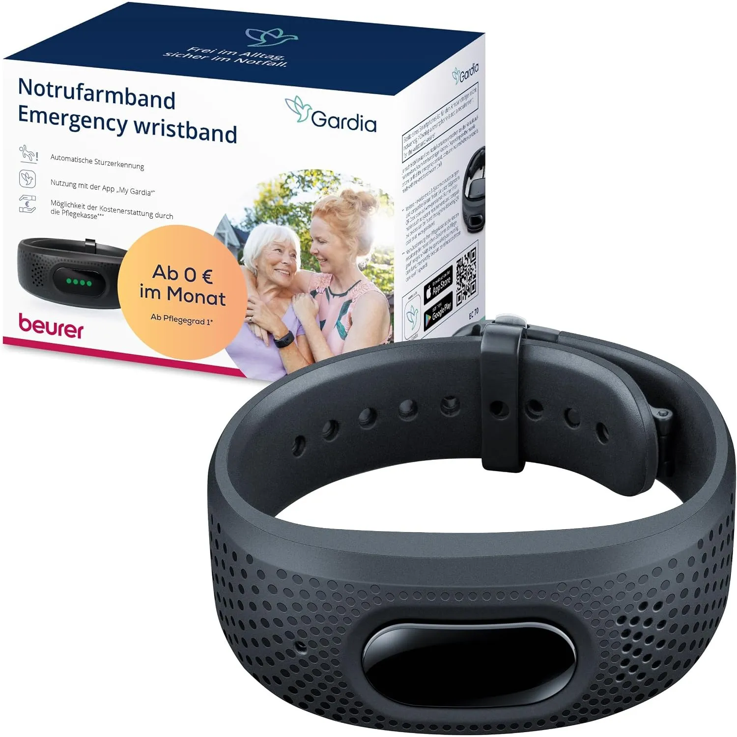Beurer – Gardia Notrufarmband mit Sturzerkennung, innovatives Notrufsystem aus Armband und App, Sprachverbindung im Not…