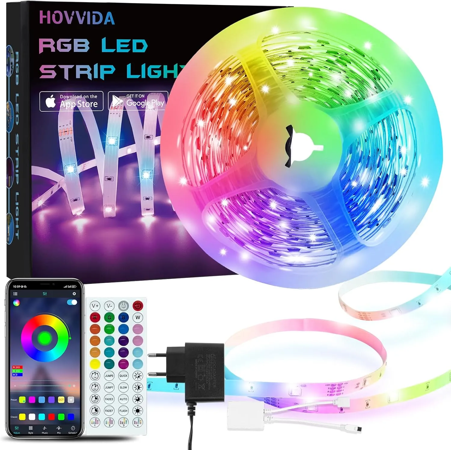 HOVVIDA LED Strip 5 m, 30 LEDs/Metre, 1 x 5 m, 150 LED, RGB LED Strip, App and Remote Control, Music Mode, Timing Mode,…