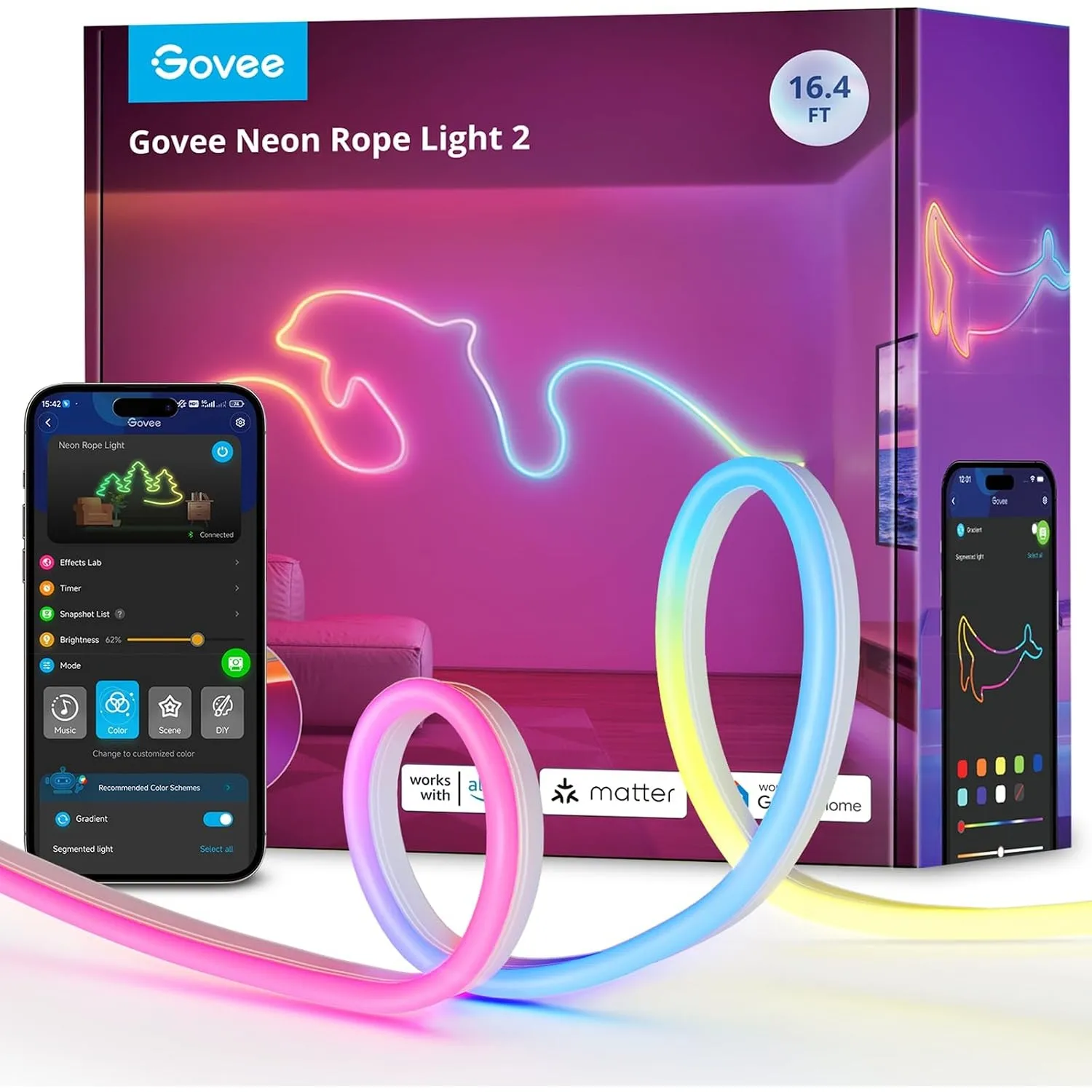 Govee Neon Rope Light 2, RGBIC Neon LED Strip 5m, Form-Mapping, DIY Design